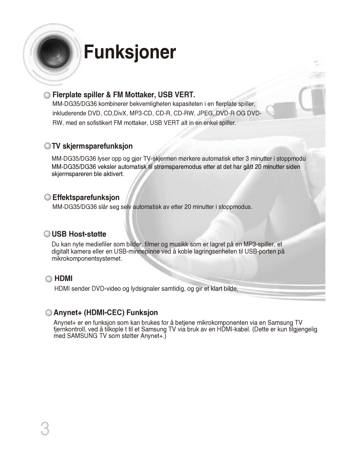 Samsung MM-DG35R/XEE manual Funksjoner, Flerplate spiller & FM Mottaker, USB Vert 