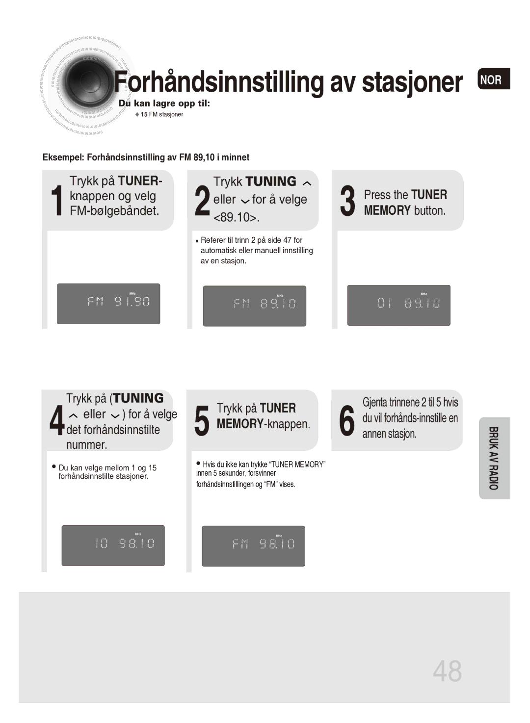 Samsung MM-DG35R/XEE manual Trykk Tuning Press the Tuner Eller for å velge, Memory button 