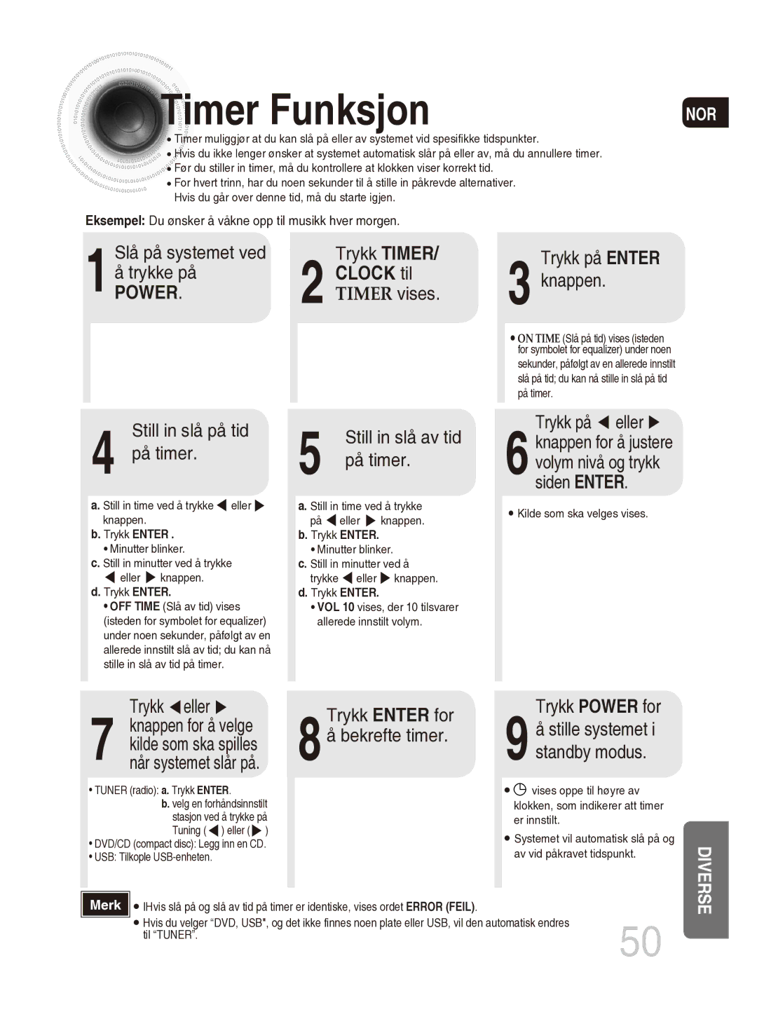 Samsung MM-DG35R/XEE manual Timer Funksjon, Clock til 