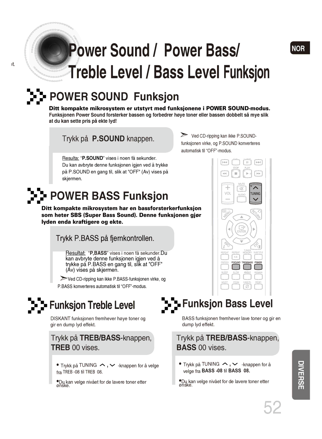 Samsung MM-DG35R/XEE manual Trykk på P.SOUND knappen, Trykk på TREB/BASS-knappen Treb 00 vises 