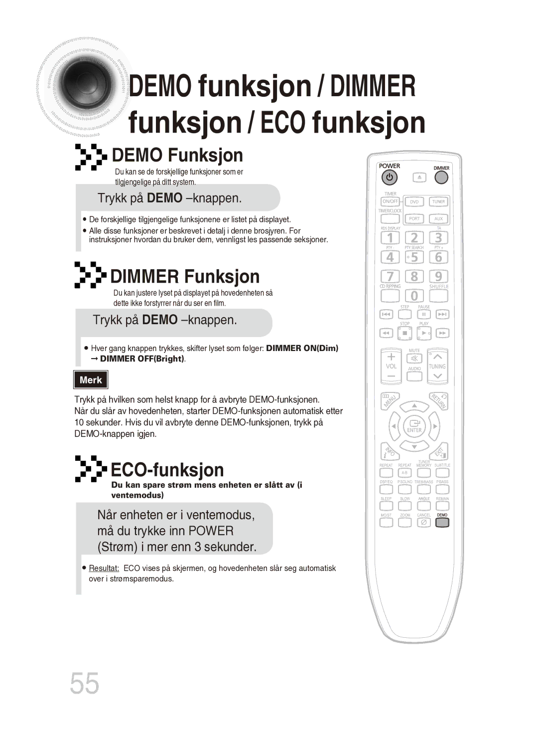 Samsung MM-DG35R/XEE manual Demo funksjon / Dimmer funksjon / ECO funksjon, Trykk på Demo -knappen 