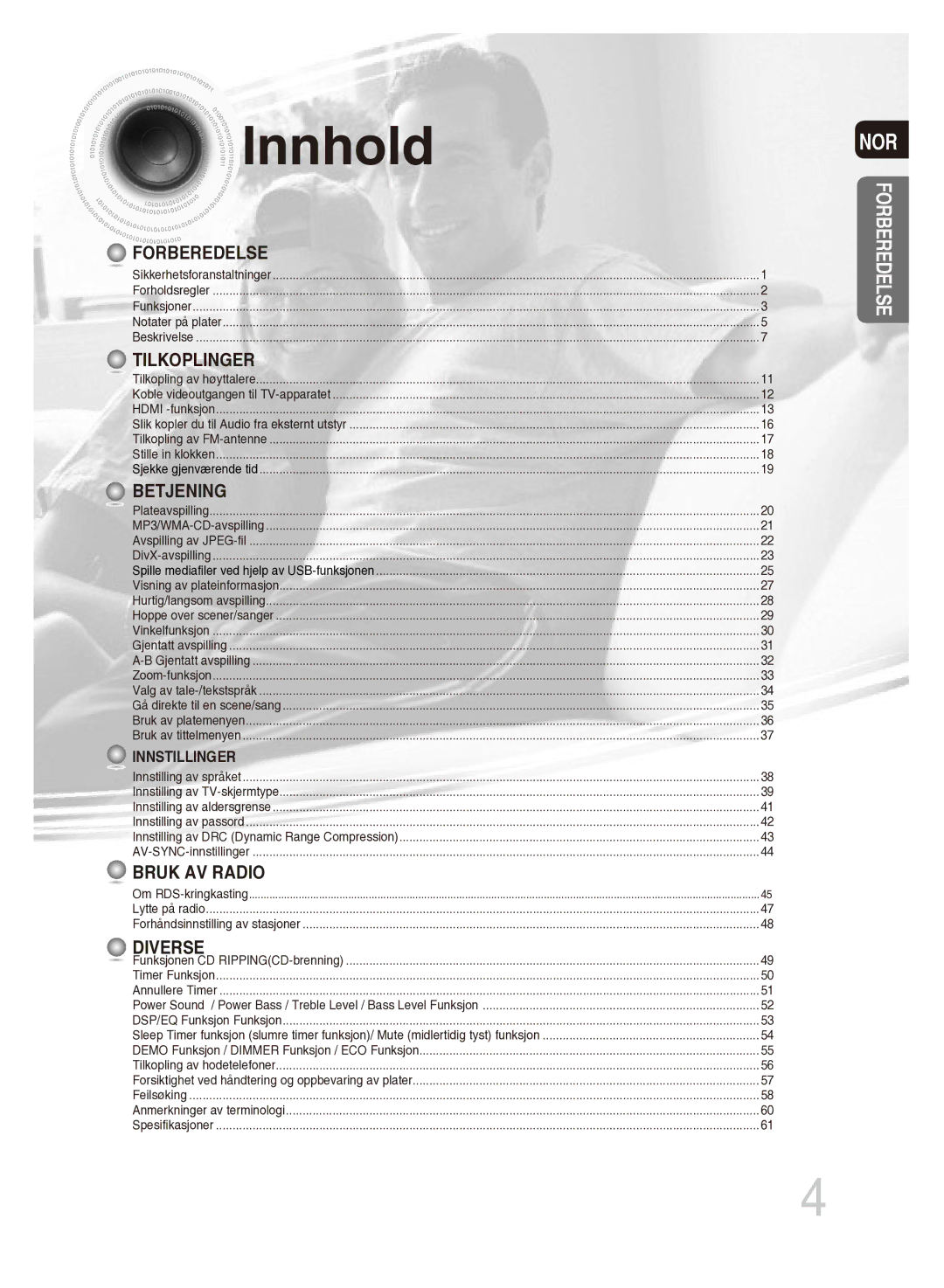 Samsung MM-DG35R/XEE manual Innhold, Tilkoplinger 