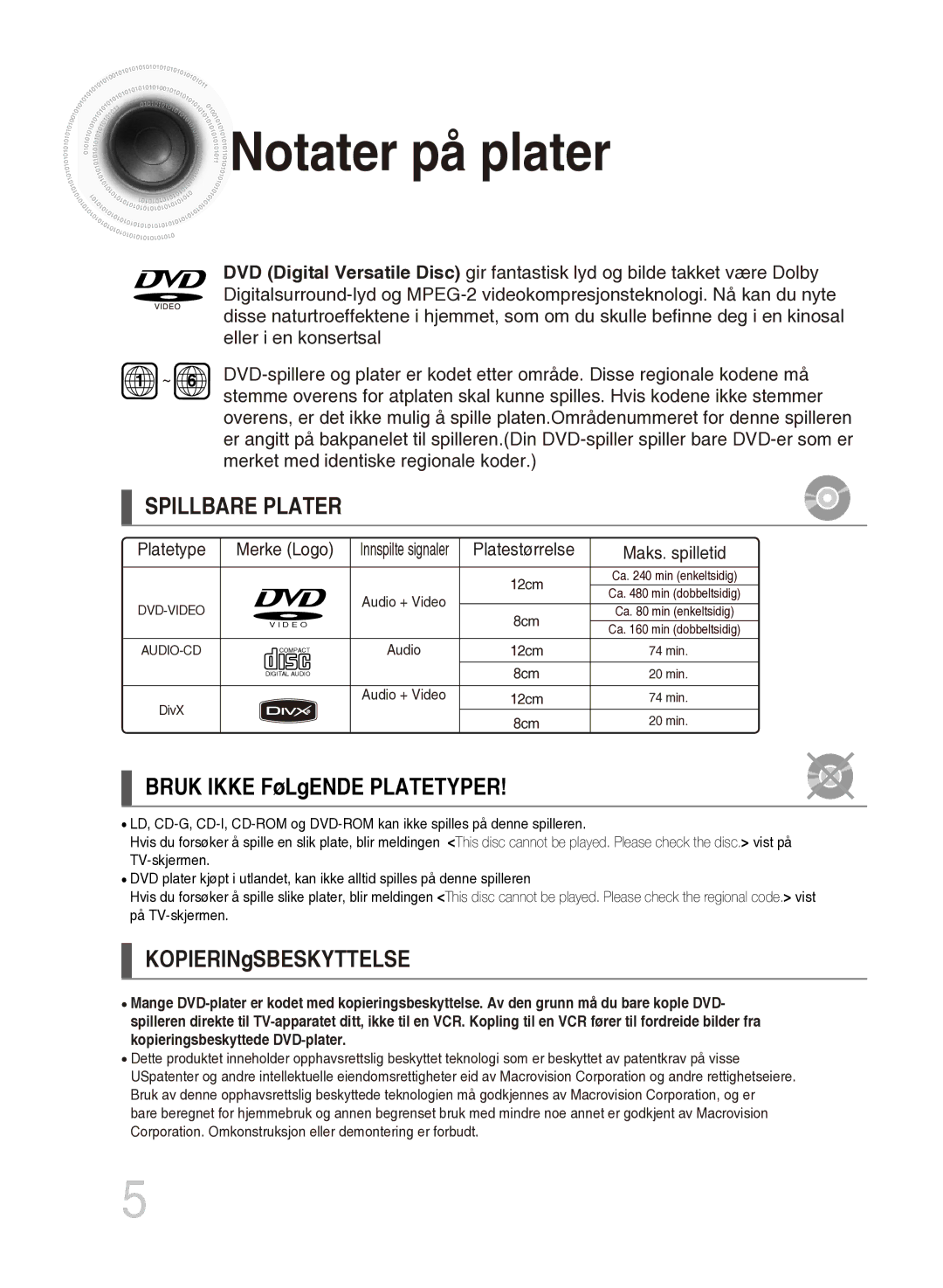 Samsung MM-DG35R/XEE manual Notater på plater, Bruk Ikke FøLgENDE Platetyper, KOPIERINgSBESKYTTELSE 