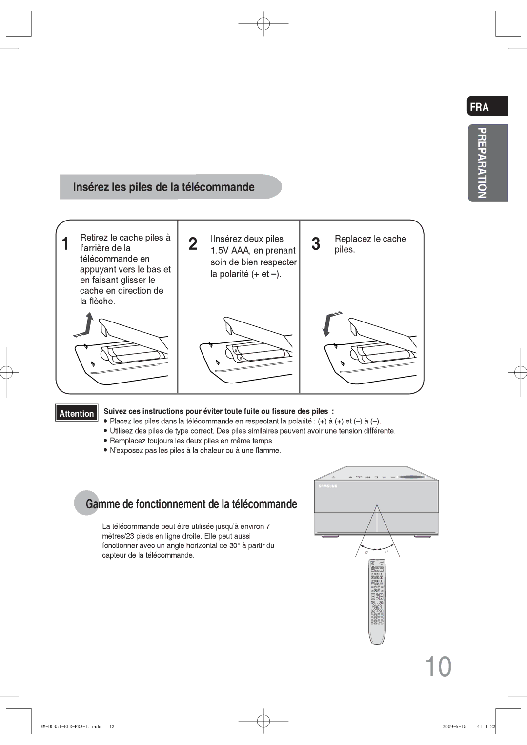 Samsung MM-DG35IR/XEF, MM-DG35R/XEF manual Insérez les piles de la télécommande 