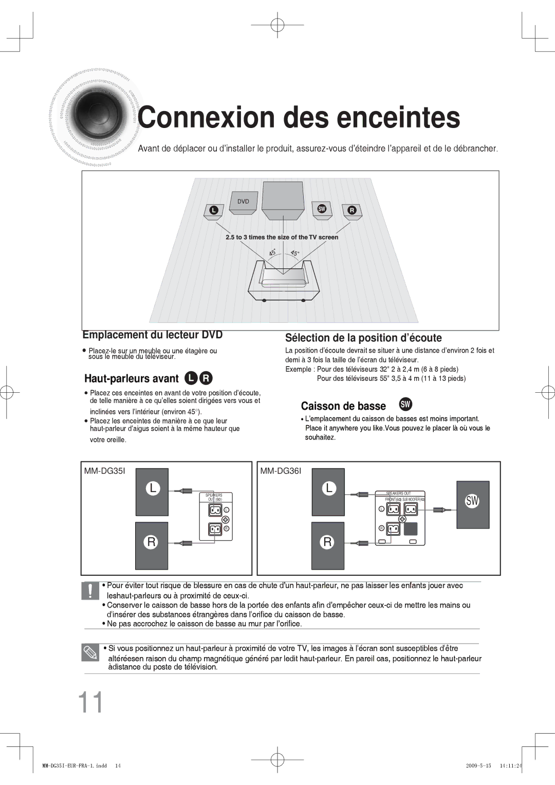 Samsung MM-DG35R/XEF, MM-DG35IR/XEF manual Connexion des enceintes, Emplacement du lecteur DVD 