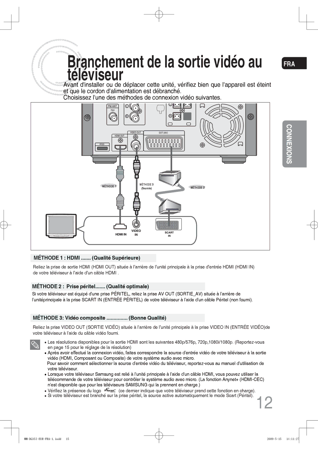 Samsung MM-DG35IR/XEF, MM-DG35R/XEF manual Téléviseur, Méthode 1 Hdmi Qualité Supérieure, Qualité optimale, Bonne Qualité 