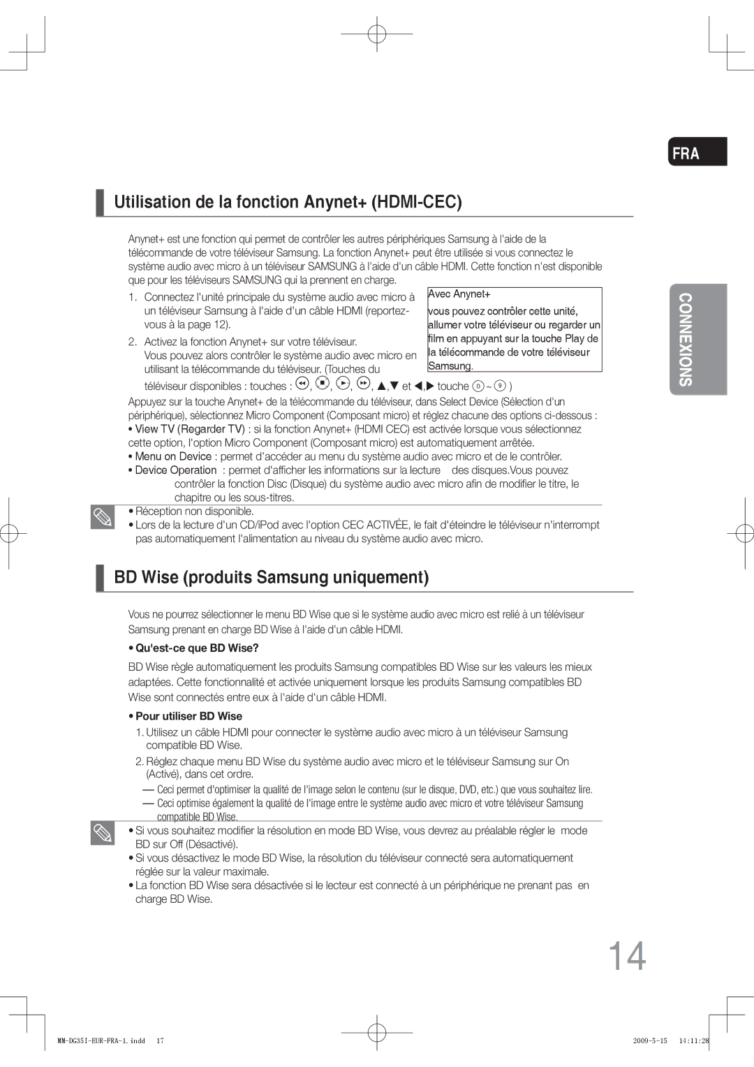 Samsung MM-DG35IR/XEF, MM-DG35R/XEF manual Utilisation de la fonction Anynet+ HDMI-CEC, BD Wise produits Samsung uniquement 