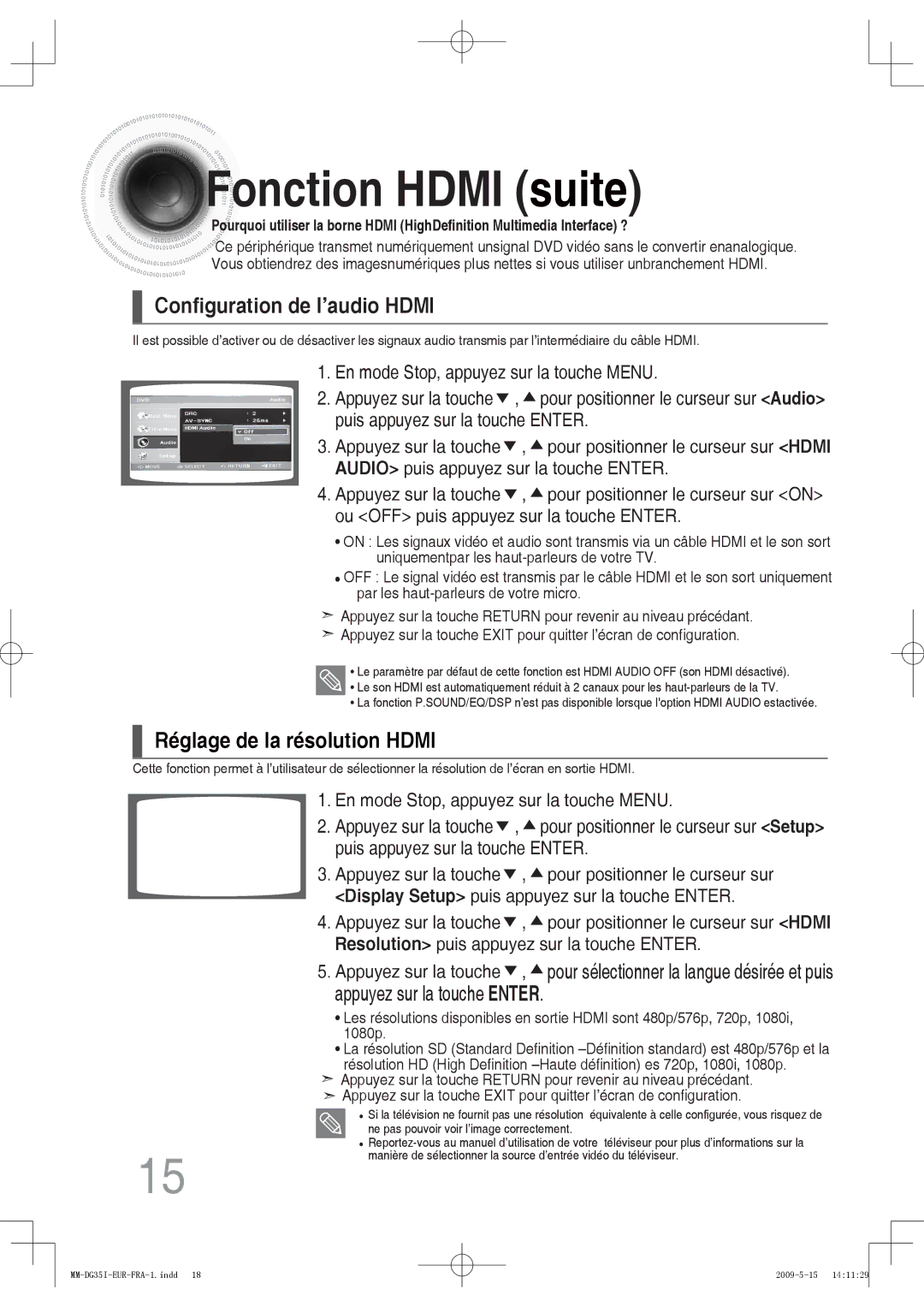 Samsung MM-DG35R/XEF, MM-DG35IR/XEF manual Fonction Hdmi suite, Configuration de l’audio Hdmi, Appuyez sur la touche Enter 