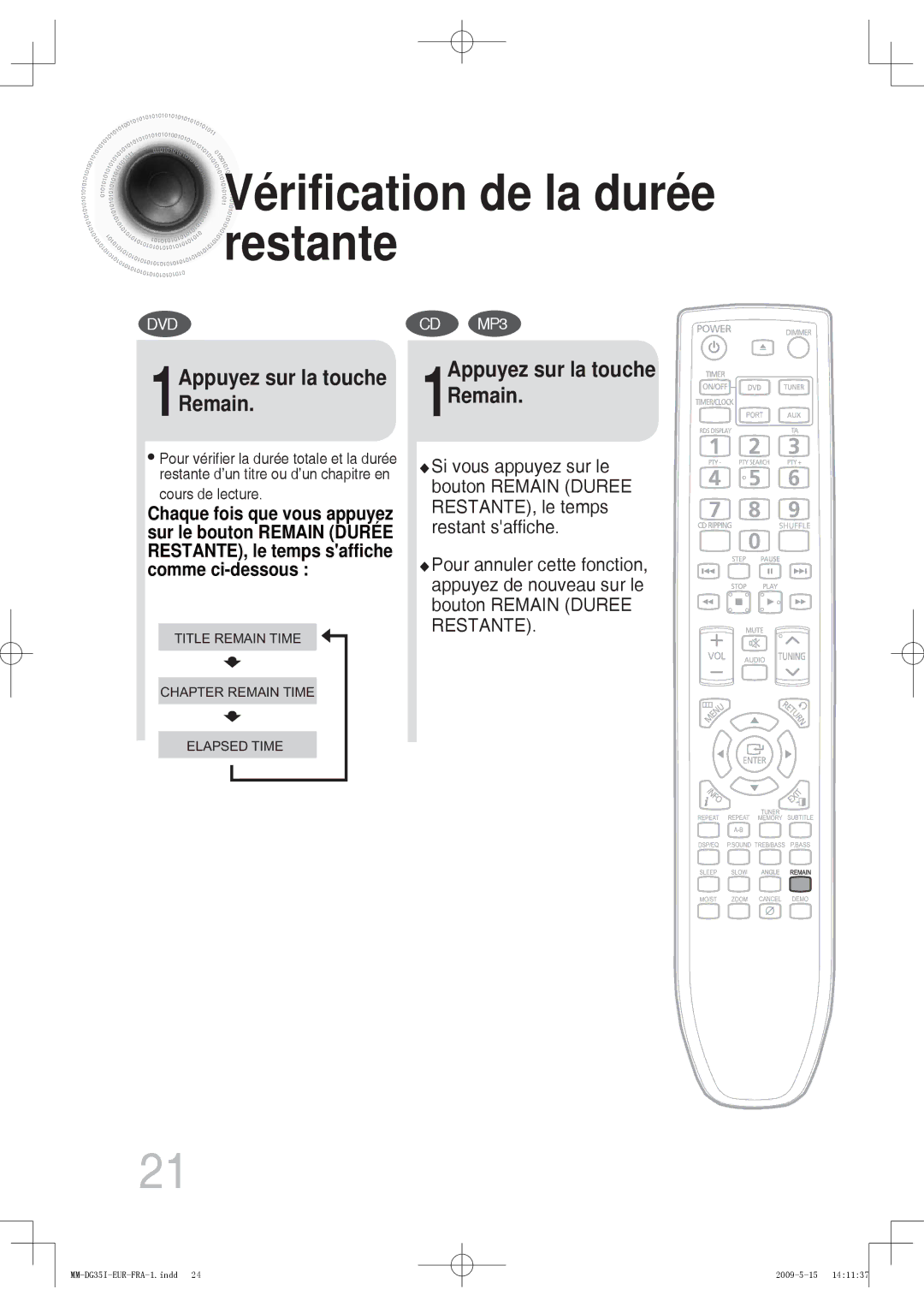 Samsung MM-DG35R/XEF, MM-DG35IR/XEF manual Restante, 1Appuyez sur la touche Remain 