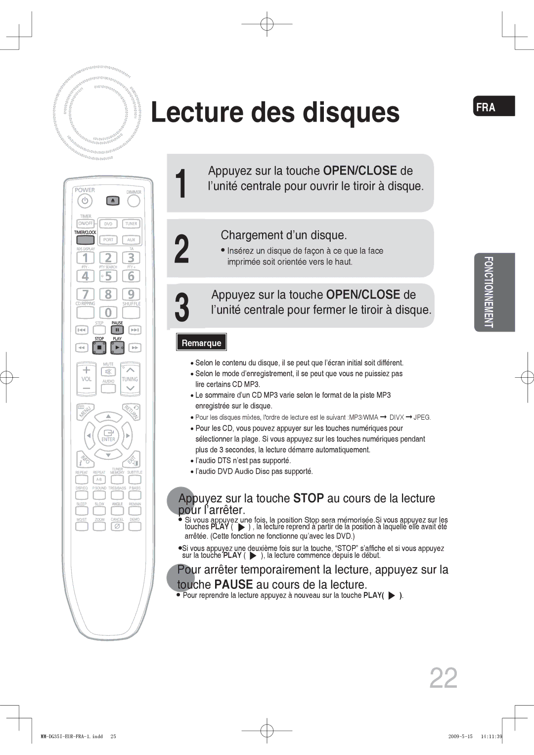 Samsung MM-DG35IR/XEF manual Lecture des disques, Chargement d’un disque, ’unité centrale pour ouvrir le tiroir à disque 