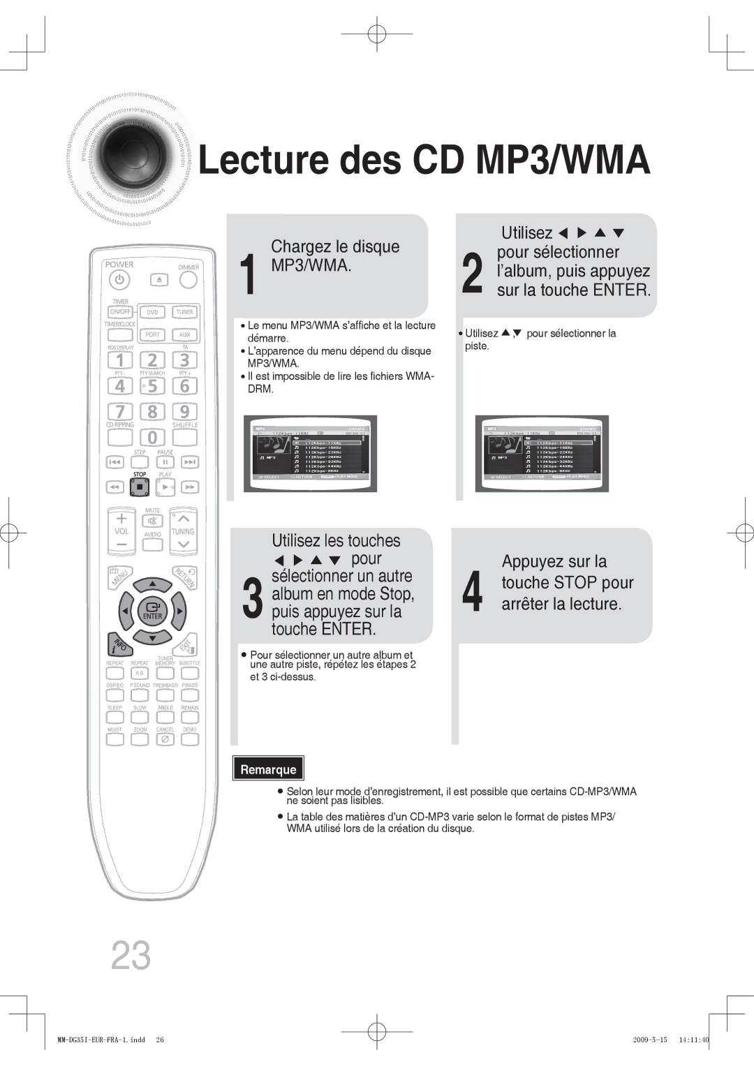 Samsung MM-DG35R/XEF manual Lecture des CD MP3/WMA, Chargez le disque Utilisez Pour sélectionner, ’album, puis appuyez 