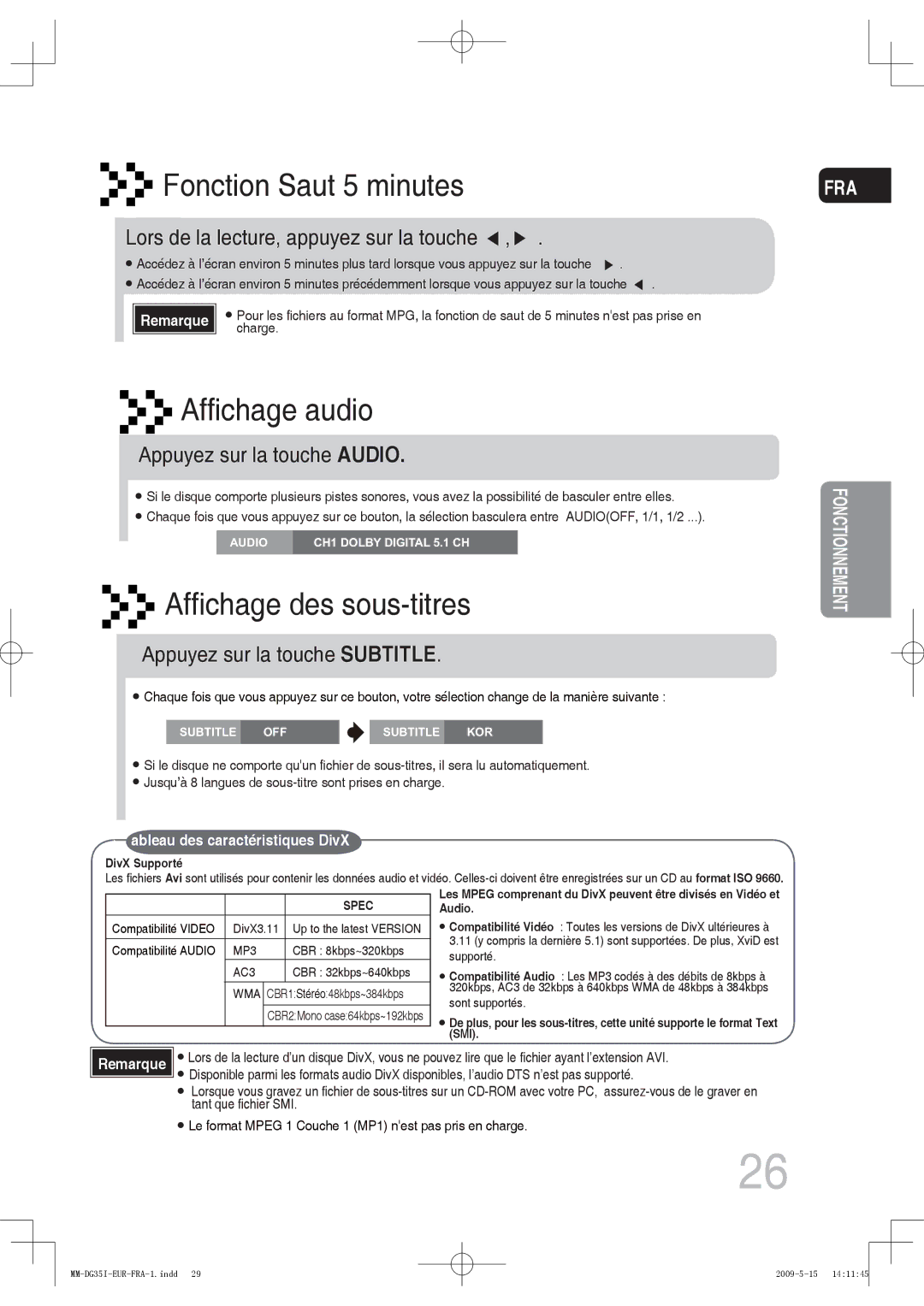 Samsung MM-DG35IR/XEF Fonction Saut 5 minutes, Lors de la lecture, appuyez sur la touche, Appuyez sur la touche Audio 