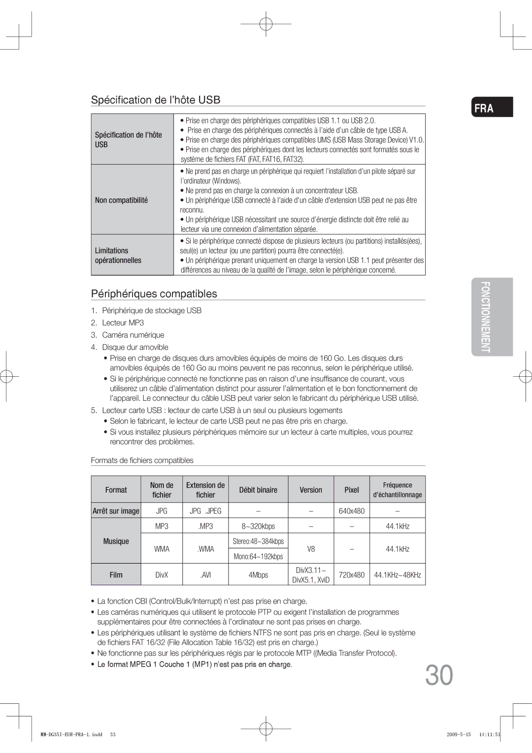 Samsung MM-DG35IR/XEF, MM-DG35R/XEF manual Spéciﬁcation de l’hôte USB, Périphériques compatibles 