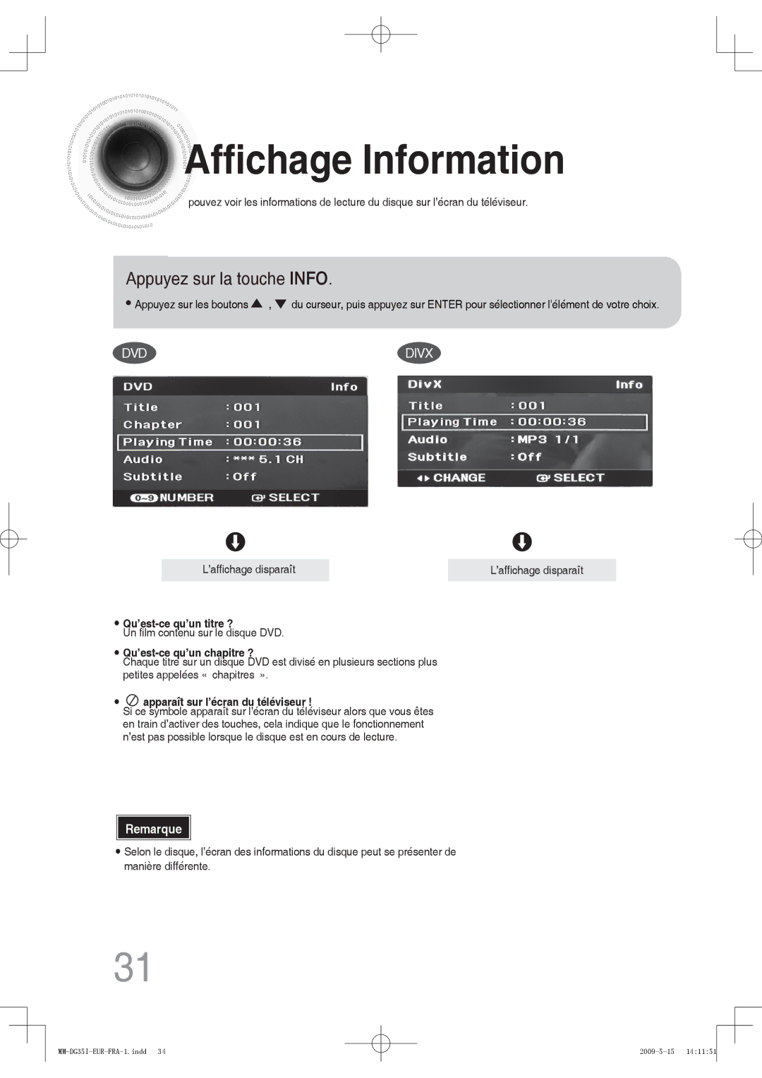 Samsung MM-DG35R/XEF, MM-DG35IR/XEF manual Affichage Information, Appuyez sur la touche Info 