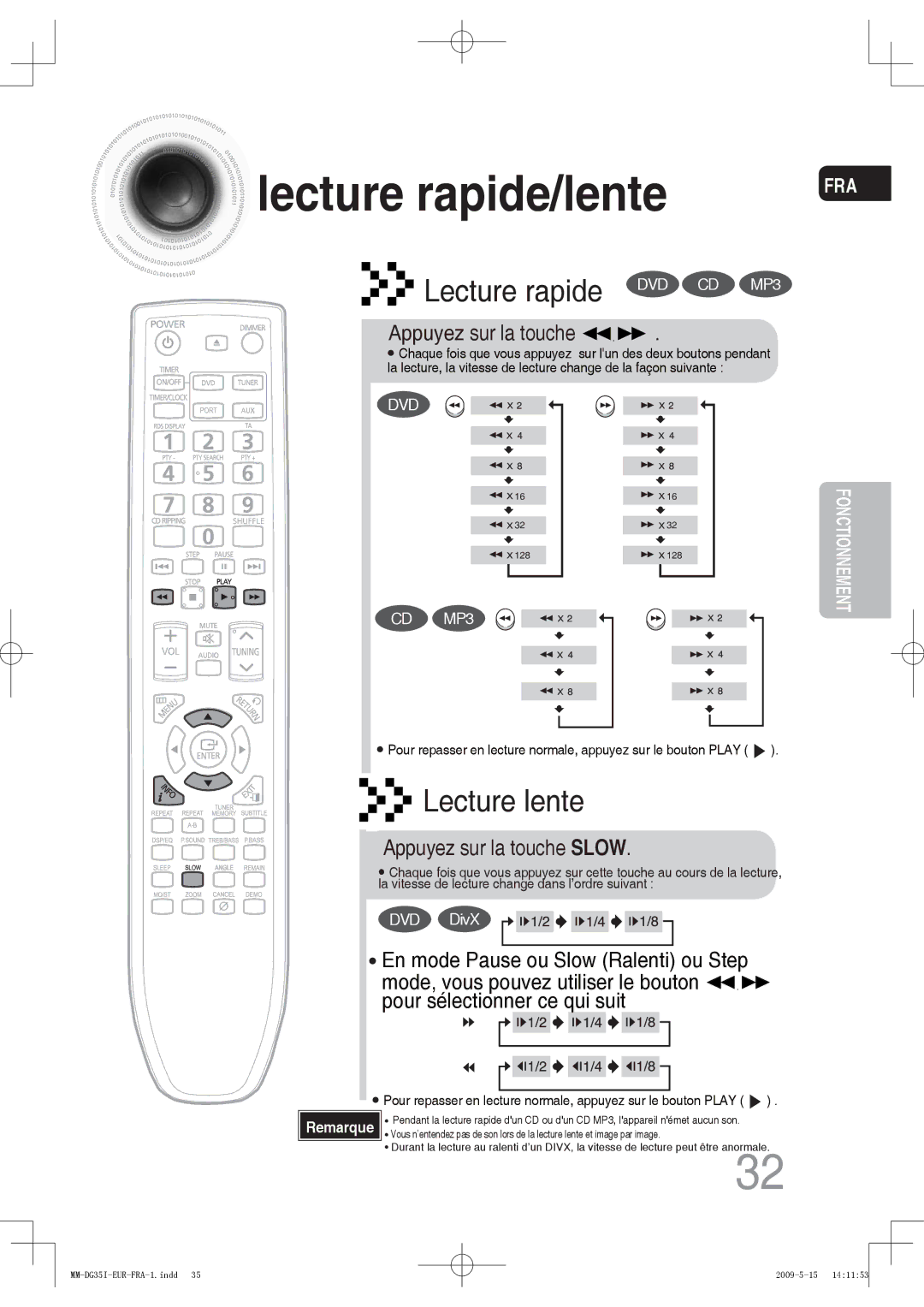 Samsung MM-DG35IR/XEF, MM-DG35R/XEF manual Lecture rapide/lente, Appuyez sur la touche Slow 