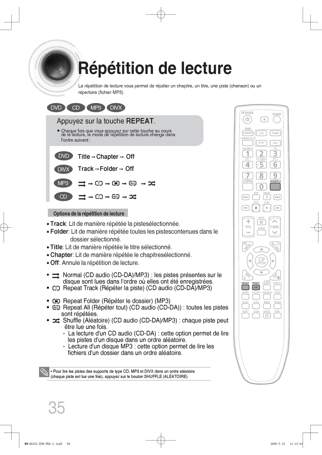 Samsung MM-DG35R/XEF, MM-DG35IR/XEF manual Répétition de lecture, Appuyez sur la touche Repeat 