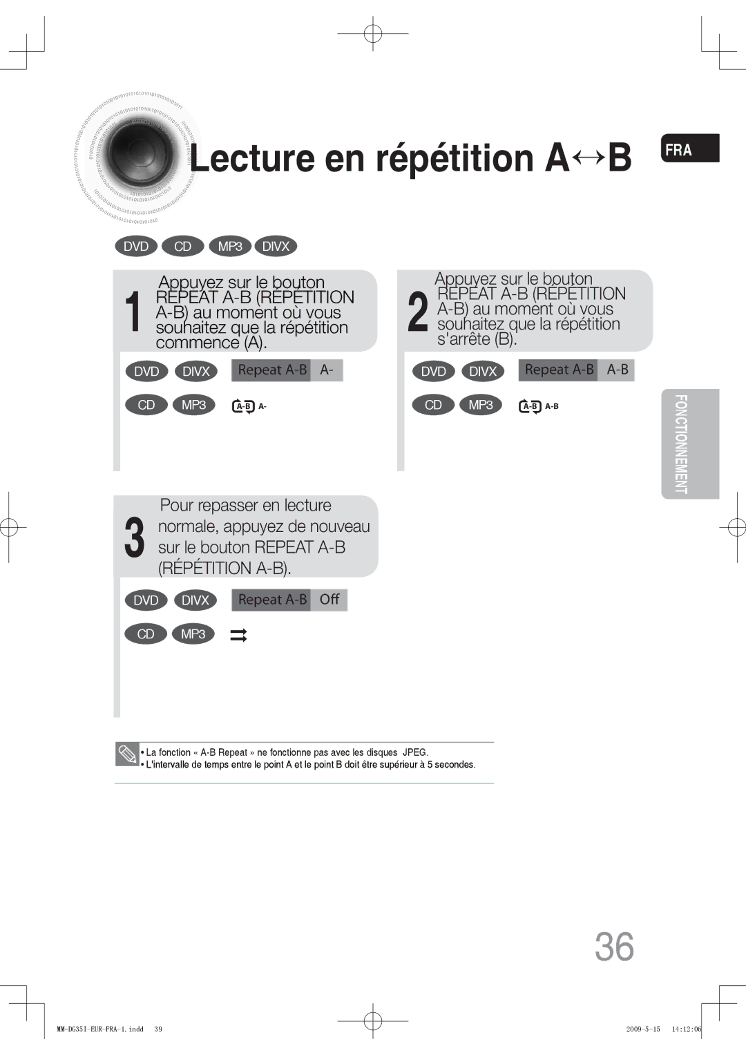 Samsung MM-DG35IR/XEF, MM-DG35R/XEF manual Lecture en répétition a B FRA 