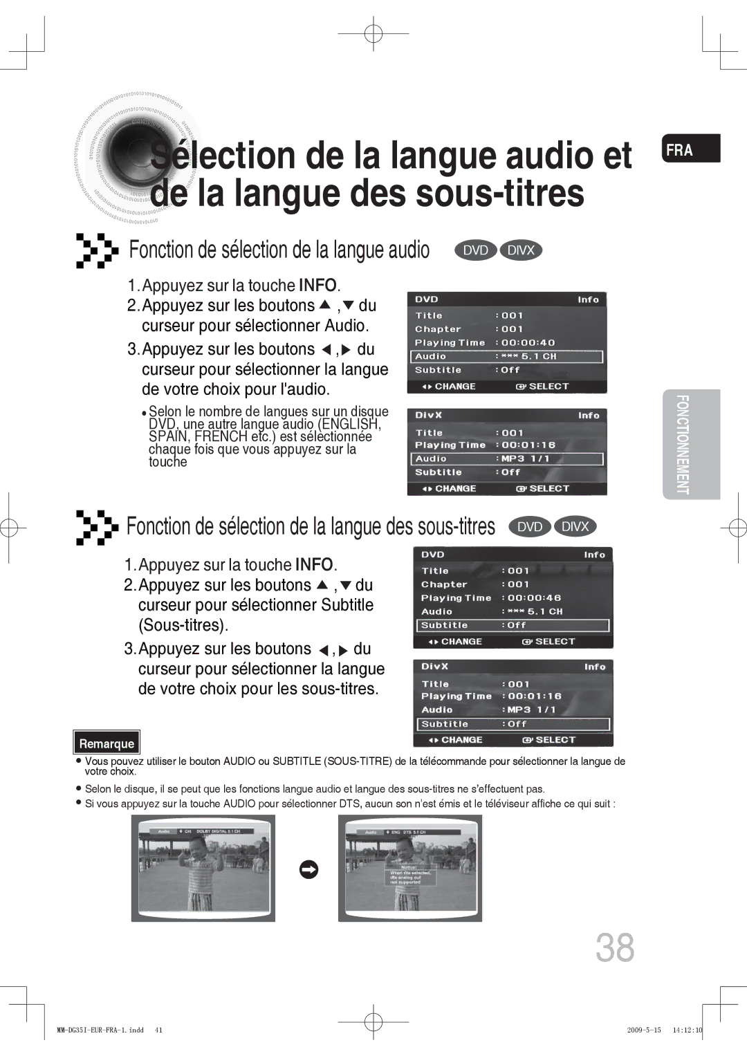 Samsung MM-DG35IR/XEF, MM-DG35R/XEF manual Sélection de la langue audio et de la langue des sous-titres 