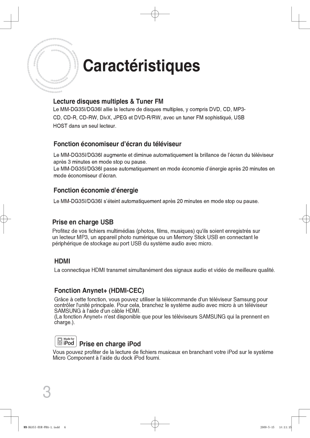 Samsung MM-DG35R/XEF, MM-DG35IR/XEF manual Caractéristiques, Lecture disques multiples & Tuner FM 