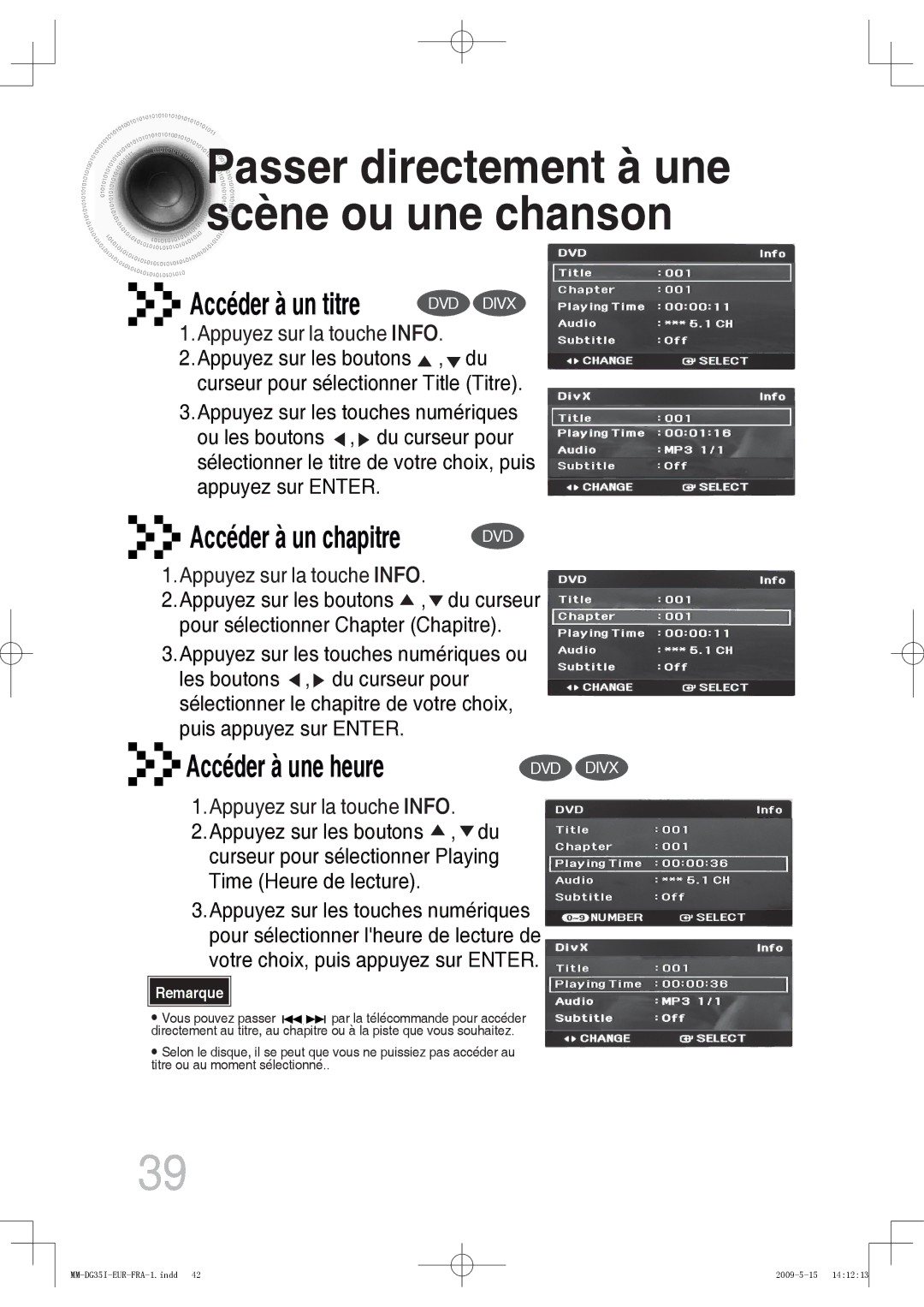 Samsung MM-DG35R/XEF, MM-DG35IR/XEF manual Passer directement à une scène ou une chanson 