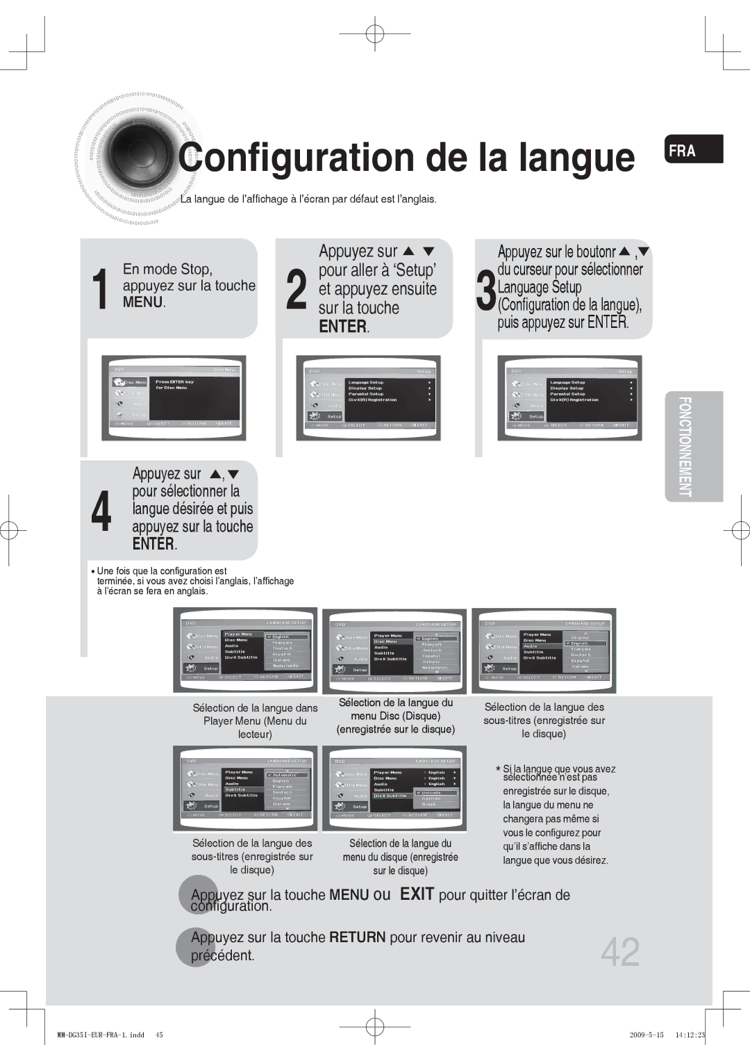 Samsung MM-DG35IR/XEF, MM-DG35R/XEF manual Configuration de la langue FRA, En mode Stop, appuyez sur la touche Menu 