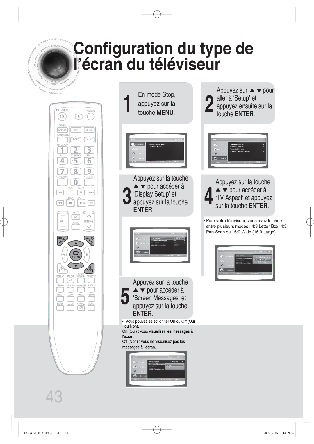 Samsung MM-DG35R/XEF, MM-DG35IR/XEF manual Appuyez sur pour, 2aller à ‘Setup’ et appuyez ensuite sur la touche Enter 