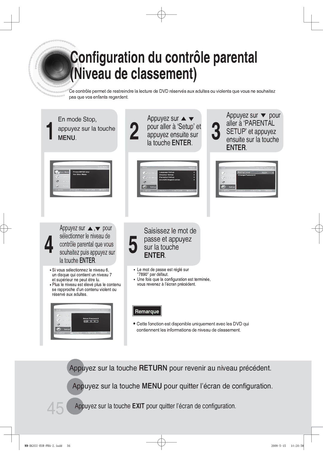 Samsung MM-DG35R/XEF, MM-DG35IR/XEF manual Saisissez le mot de, La touche Enter, Mode Stop, Appuyez sur la touche 