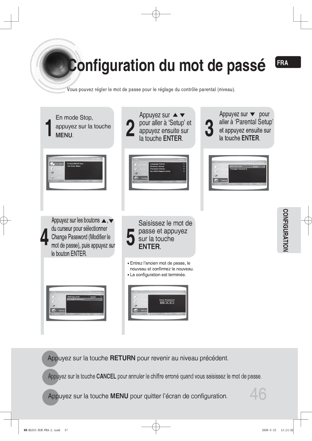 Samsung MM-DG35IR/XEF, MM-DG35R/XEF Configuration du mot de passé FRA, Appuyez sur, Pour aller à ‘Setup’ et, En mode Stop 