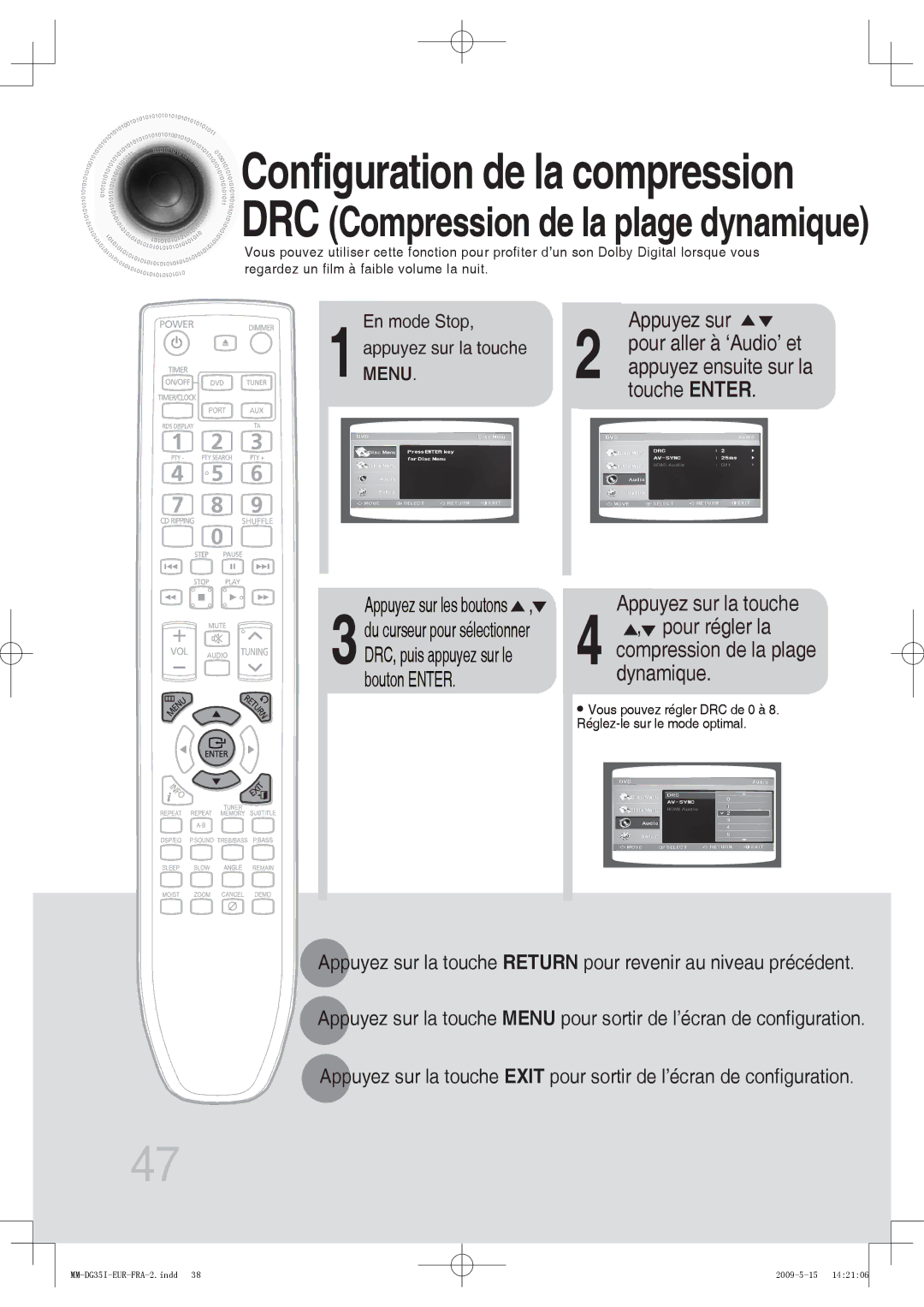 Samsung MM-DG35R/XEF, MM-DG35IR/XEF manual Touche Enter, Pour aller à ‘Audio’ et, Appuyez ensuite sur la 