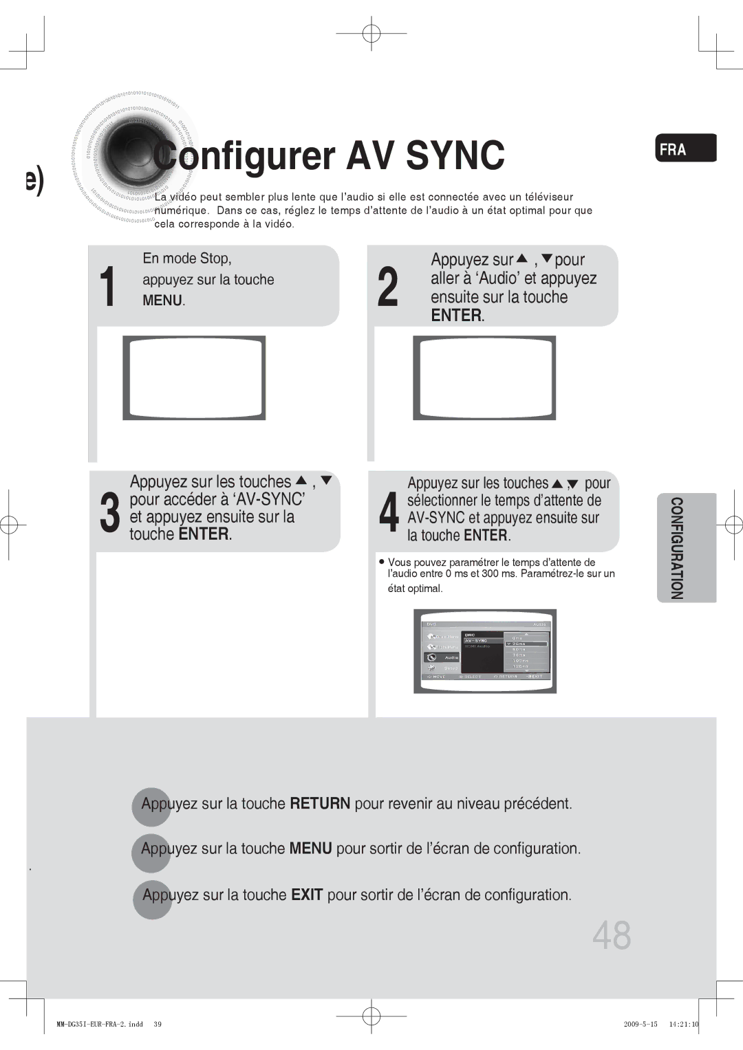 Samsung MM-DG35IR/XEF, MM-DG35R/XEF manual Configurer AV Sync, Et appuyez ensuite sur la touche Enter Appuyez sur , pour 