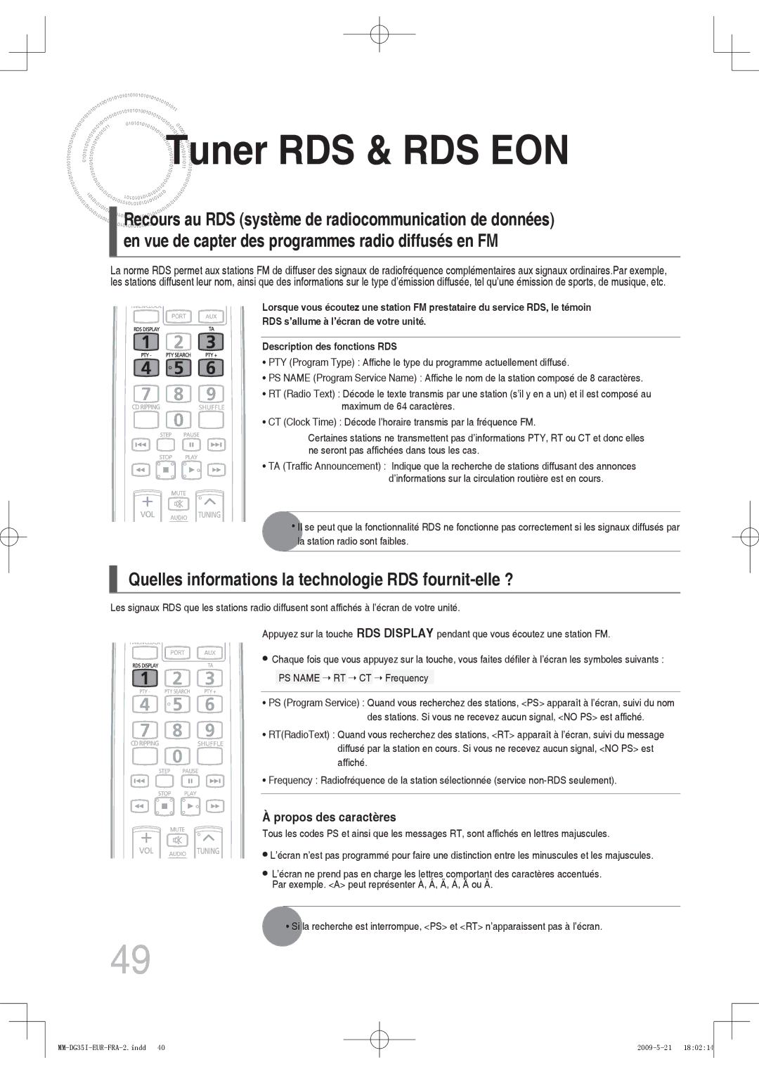 Samsung MM-DG35R/XEF Tuner RDS & RDS EON, Quelles informations la technologie RDS fournit-elle ?, Propos des caractères 