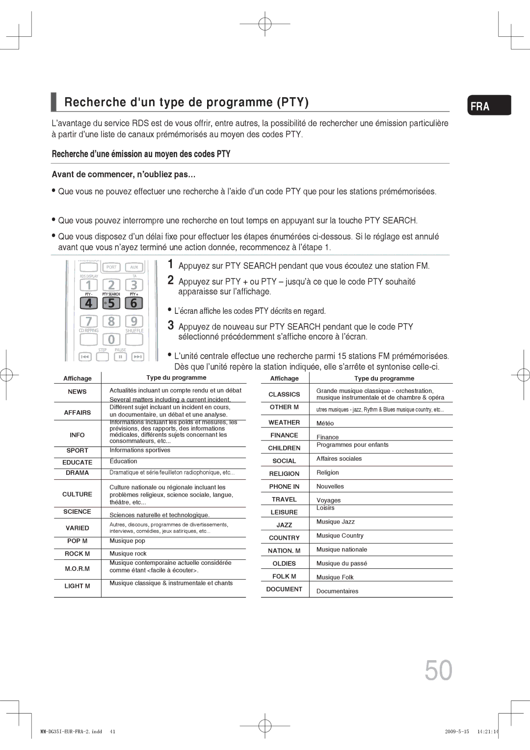 Samsung MM-DG35IR/XEF, MM-DG35R/XEF manual Recherche dun type de programme PTY, Avant de commencer, n’oubliez pas… 