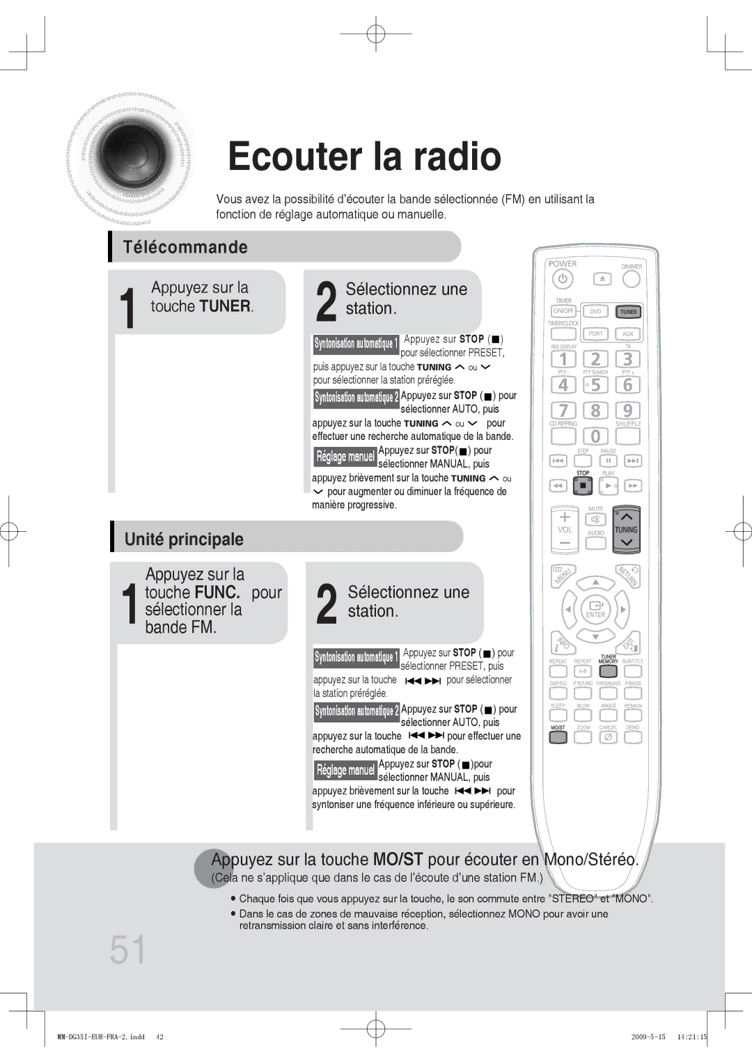 Samsung MM-DG35R/XEF, MM-DG35IR/XEF manual Ecouter la radio, Télécommande, Unité principale 