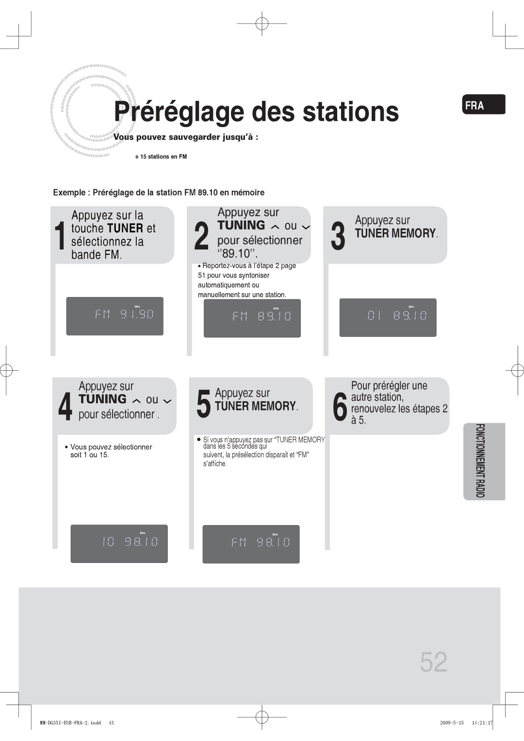 Samsung MM-DG35IR/XEF, MM-DG35R/XEF manual Préréglage des stations, 5Appuyez sur, Pour prérégler une 