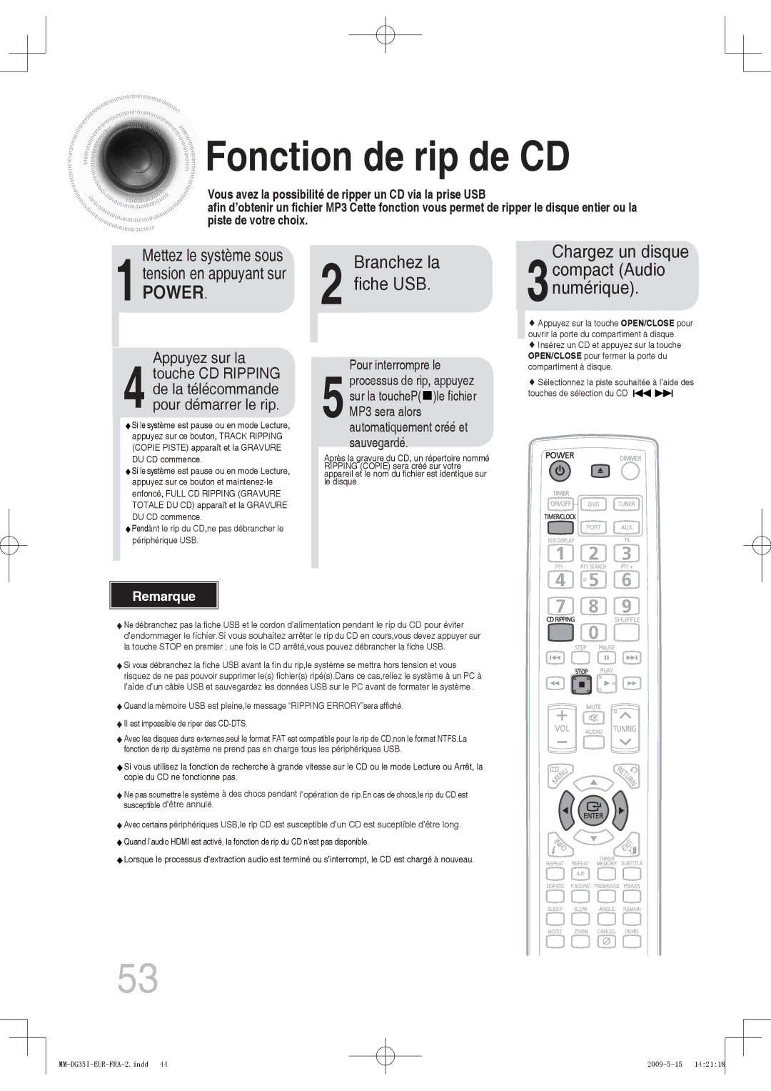 Samsung MM-DG35R/XEF manual Fonction de rip de CD, Chargez un disque 3compact Audio Numérique, Mettez le système sous 