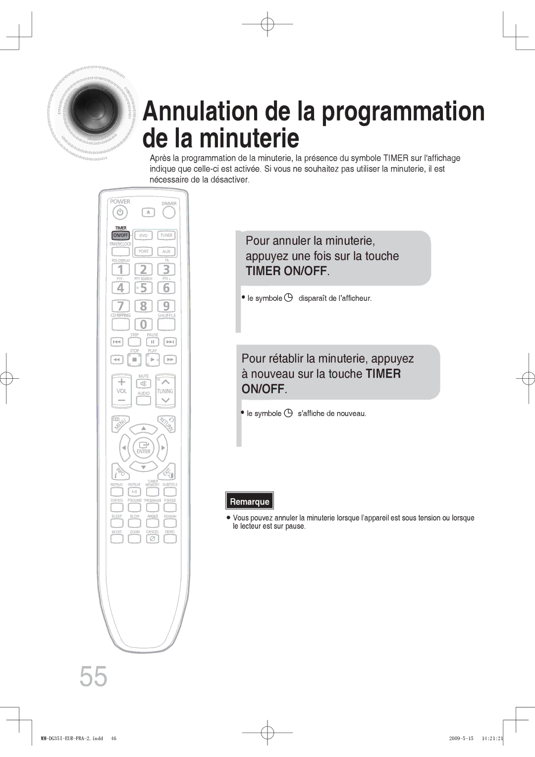 Samsung MM-DG35R/XEF, MM-DG35IR/XEF manual Annulation de la programmation de la minuterie 