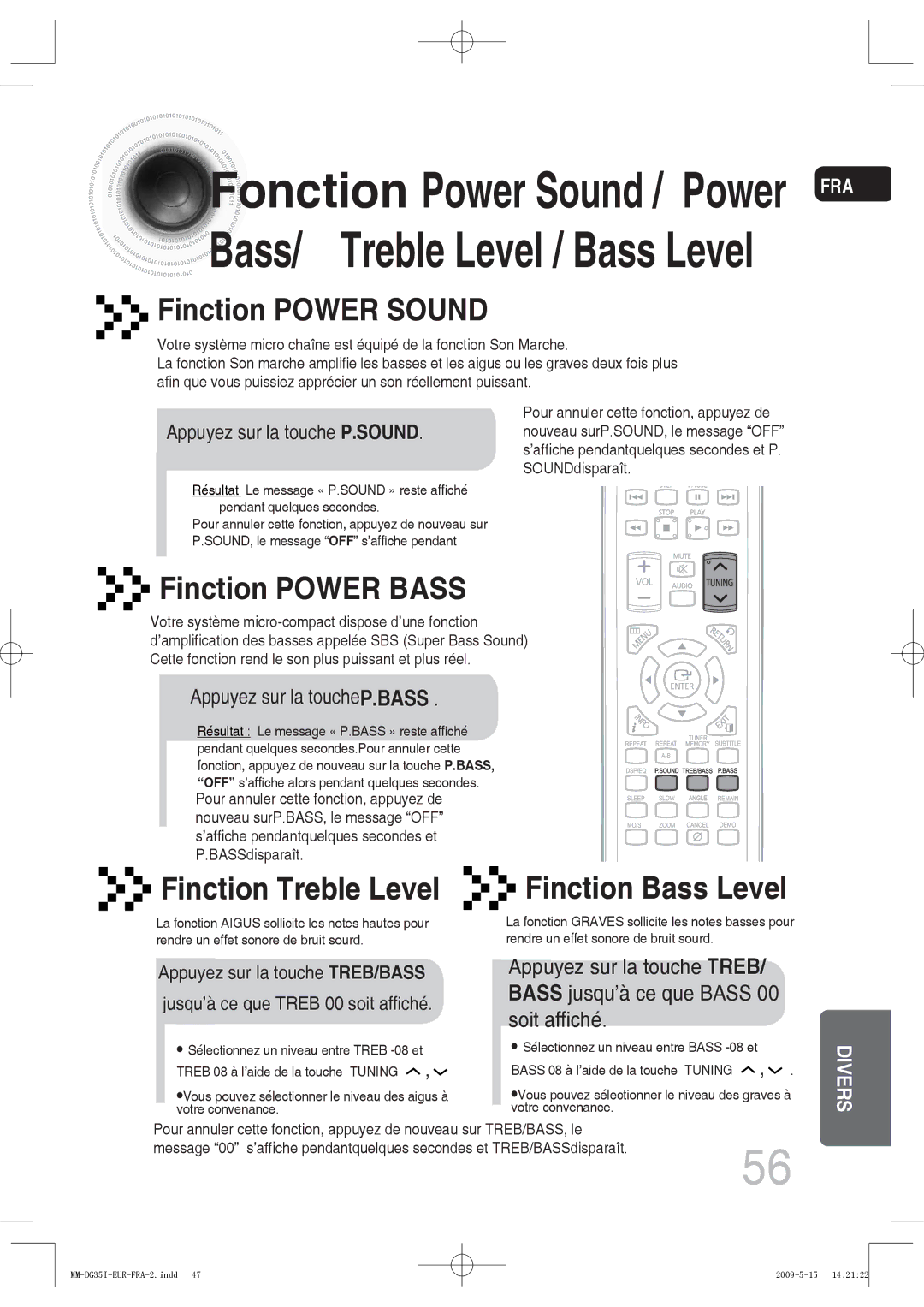 Samsung MM-DG35IR/XEF Finction Power Sound, Finction Power Bass, Finction Treble Level, Appuyez sur la touche P.SOUND 