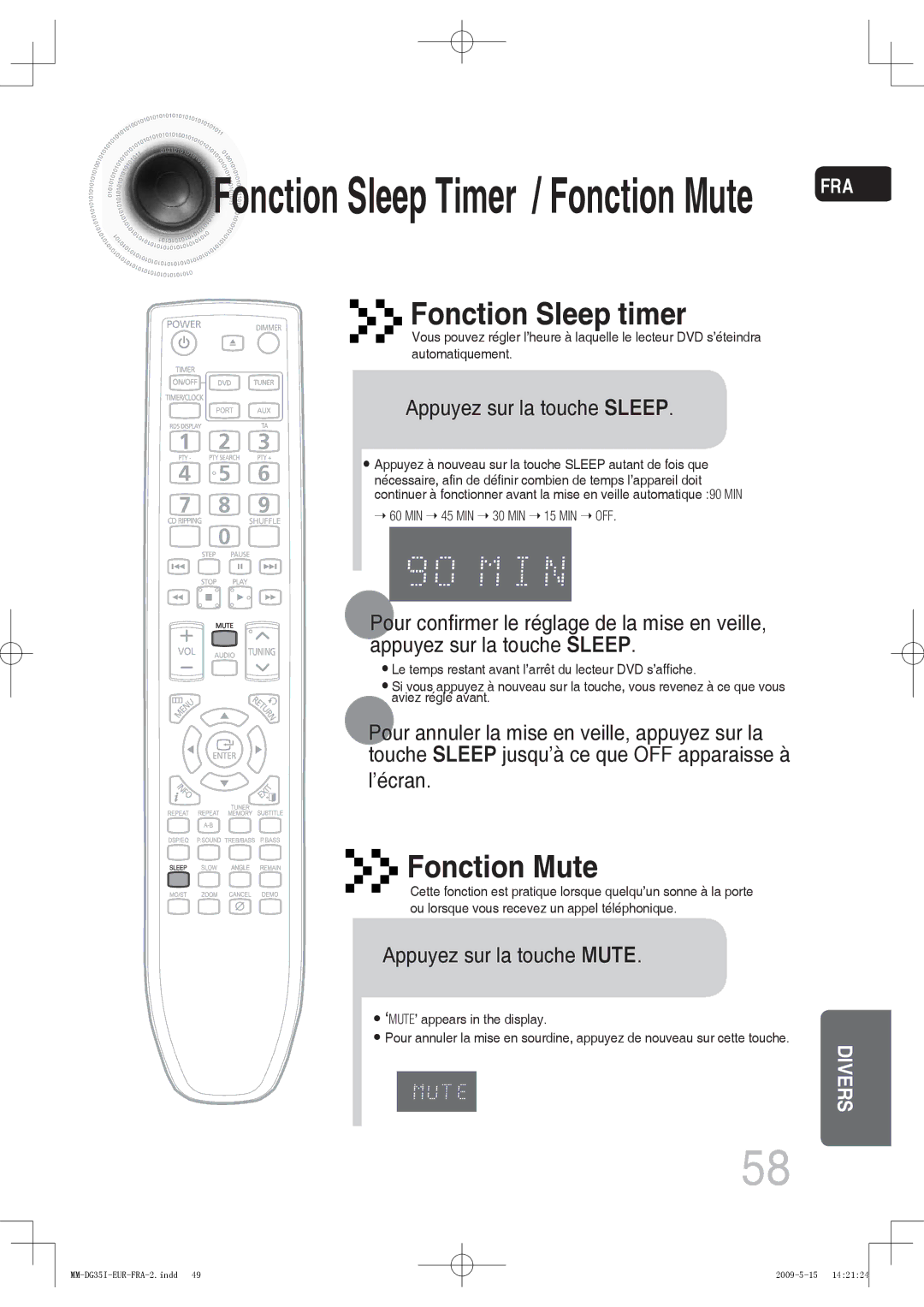 Samsung MM-DG35IR/XEF Fonction Sleep timer, Fonction Mute, Appuyez sur la touche Sleep, ’écran, Appuyez sur la touche Mute 