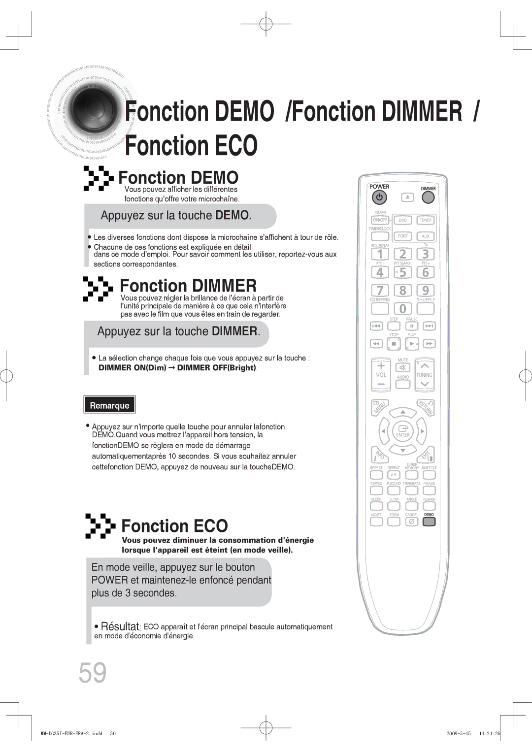 Samsung MM-DG35R/XEF, MM-DG35IR/XEF manual Fonction Demo /Fonction Dimmer / Fonction ECO 