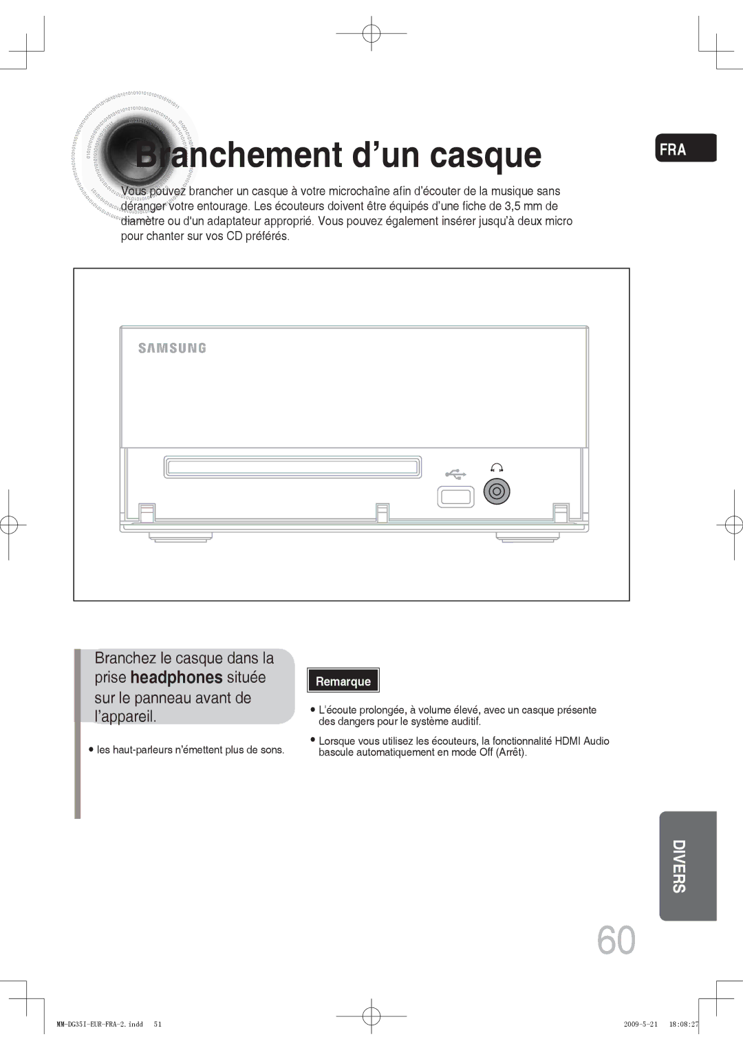 Samsung MM-DG35IR/XEF, MM-DG35R/XEF manual Branchement d’un casque 