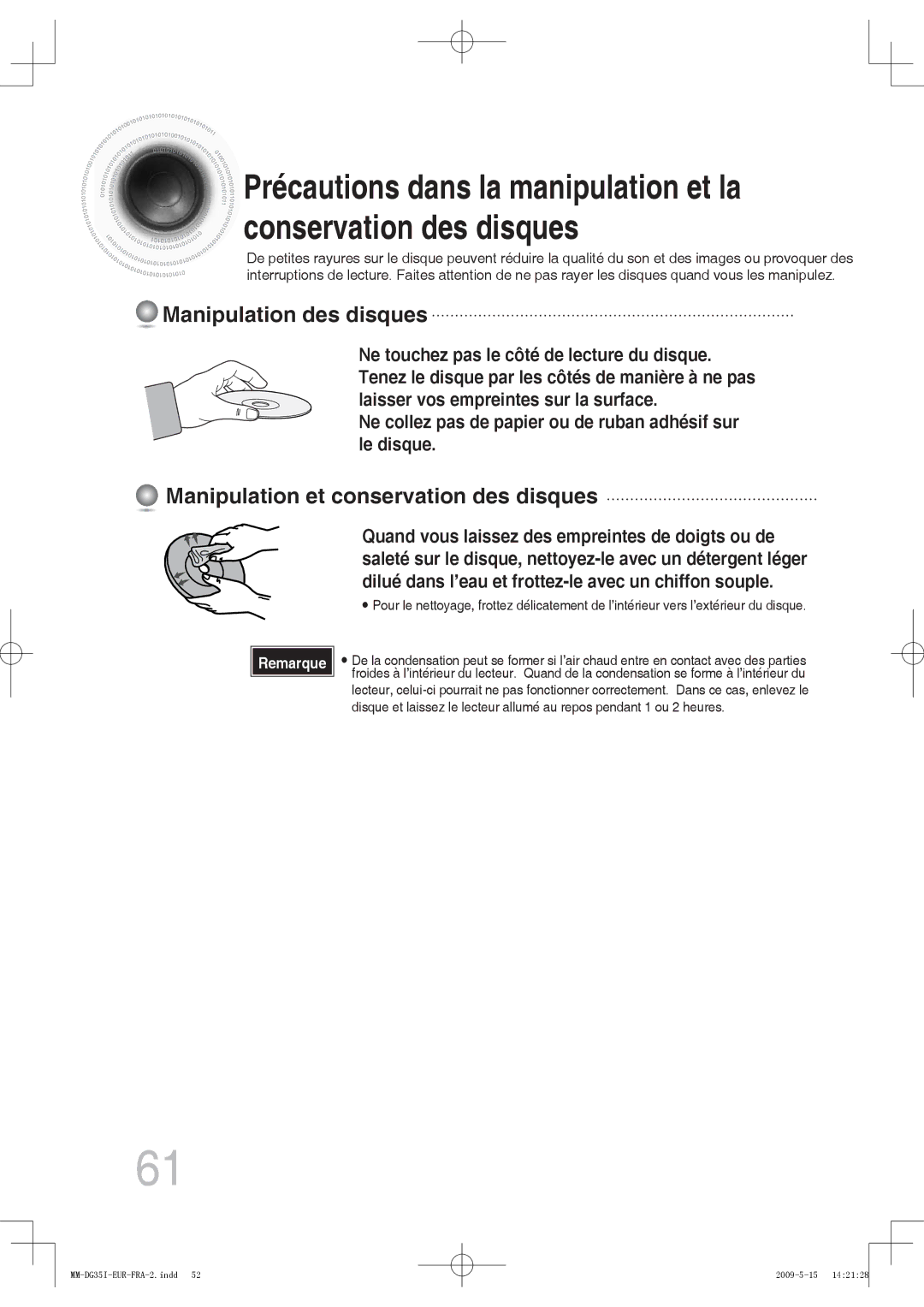 Samsung MM-DG35R/XEF, MM-DG35IR/XEF manual Manipulation des disques, Manipulation et conservation des disques 