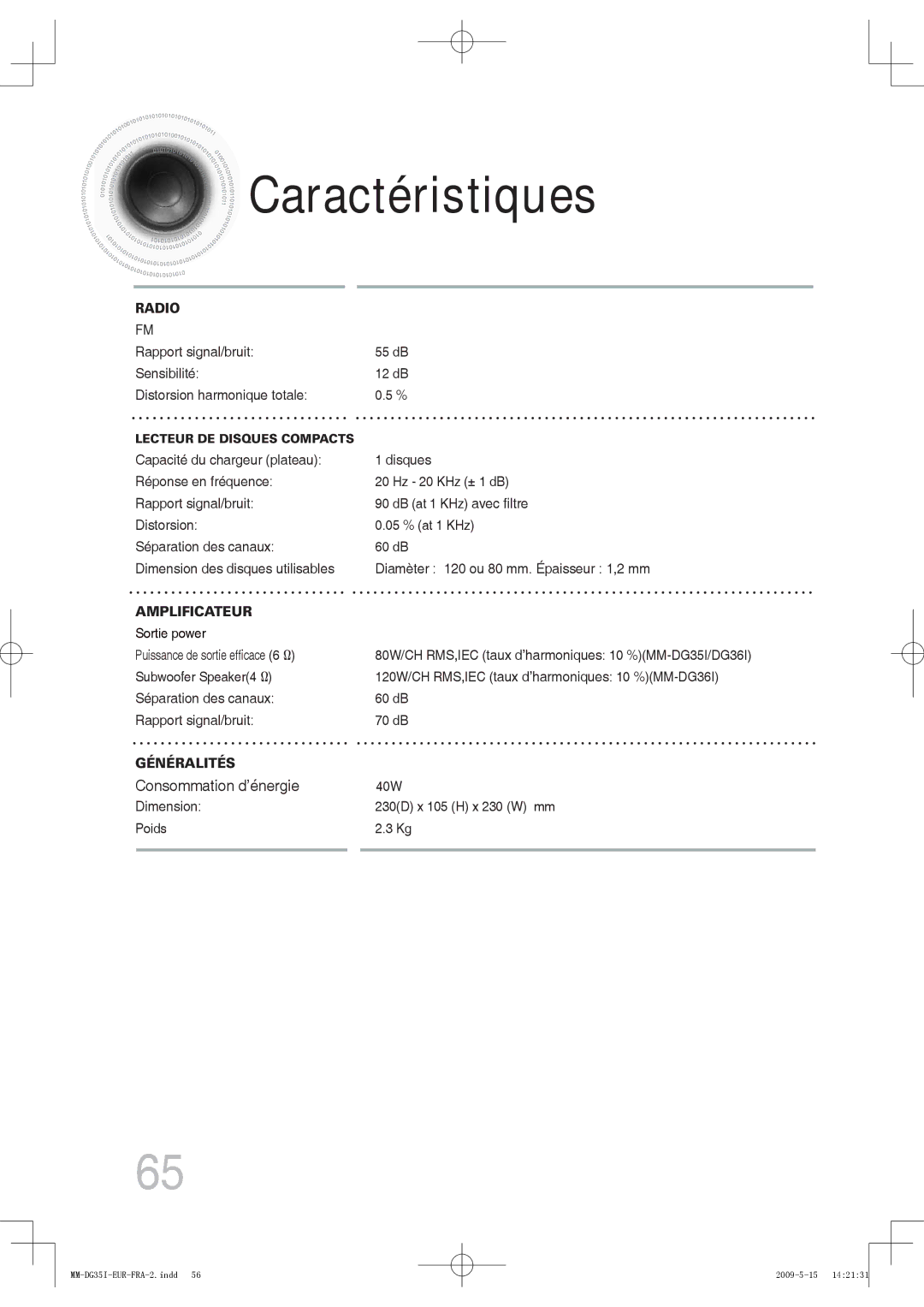 Samsung MM-DG35R/XEF, MM-DG35IR/XEF manual Consommation d’énergie 