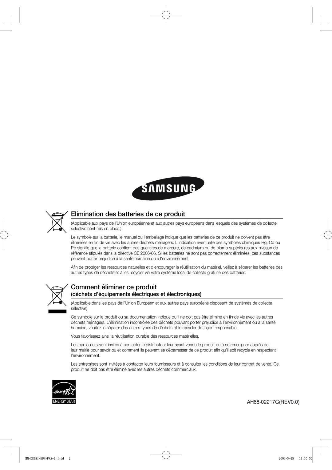 Samsung MM-DG35R/XEF, MM-DG35IR/XEF manual Elimination des batteries de ce produit 