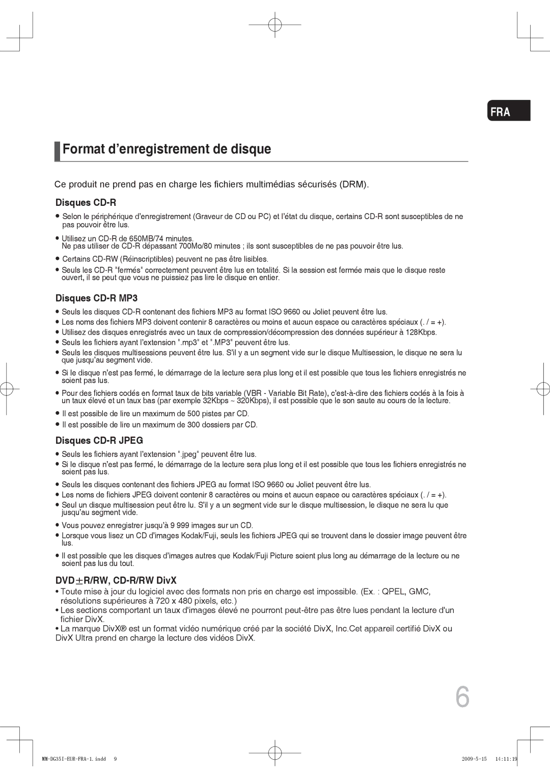 Samsung MM-DG35IR/XEF, MM-DG35R/XEF manual Format d’enregistrement de disque 