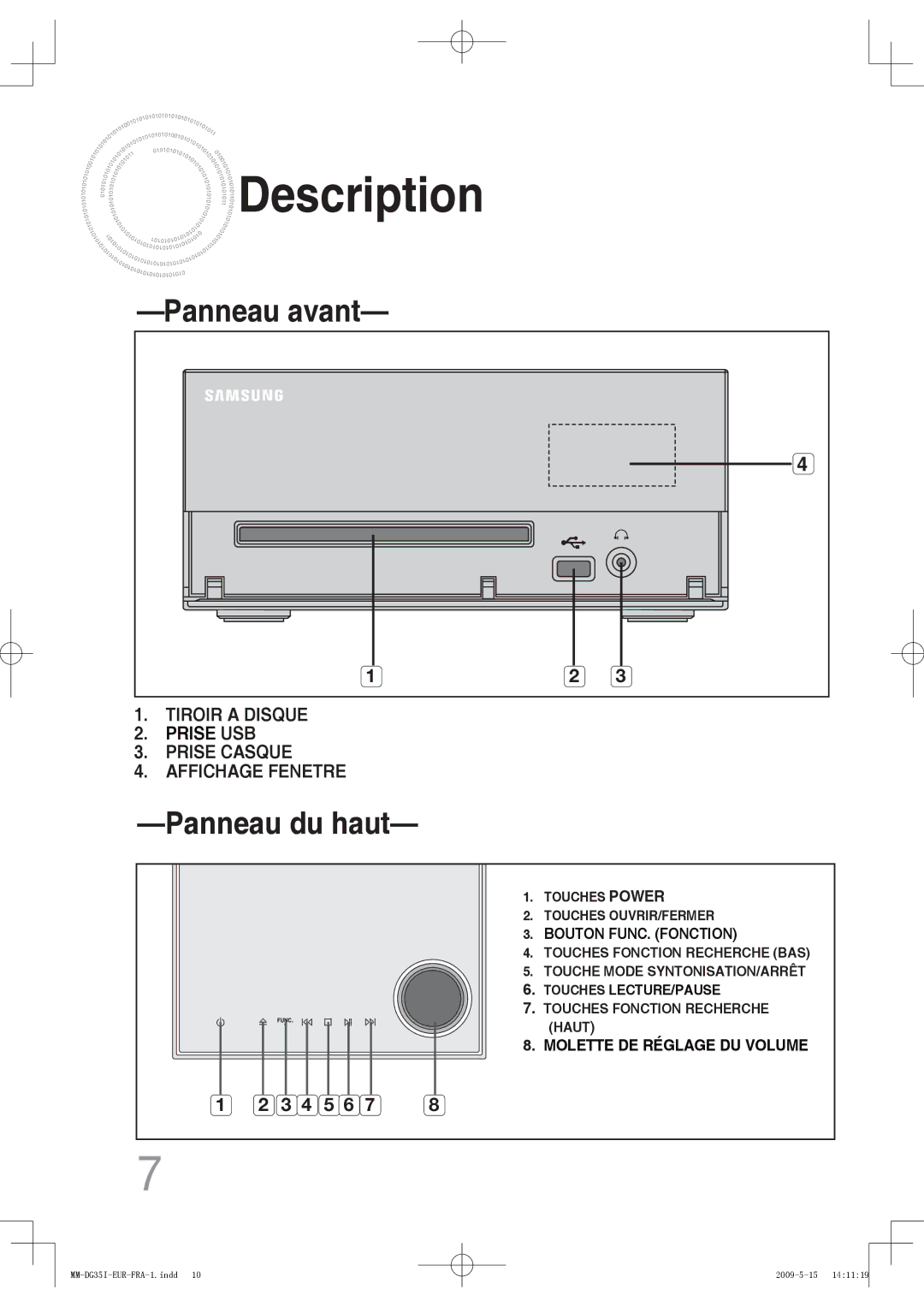 Samsung MM-DG35R/XEF, MM-DG35IR/XEF manual Description, Panneau du haut 