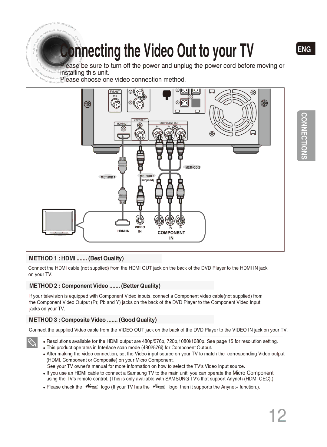 Samsung MM-DG35T/SAM, MM-DG35T/XSA manual Connecting the Video Out to your TV 