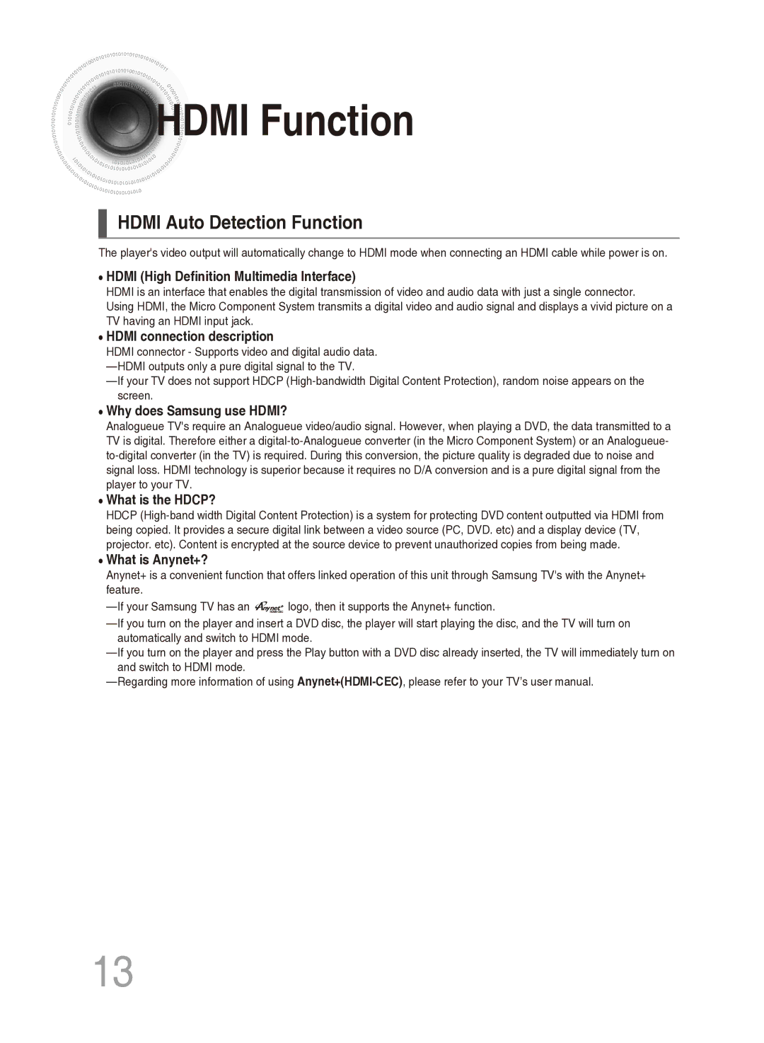 Samsung MM-DG35T/XSA, MM-DG35T/SAM manual Hdmi Function, Hdmi Auto Detection Function 