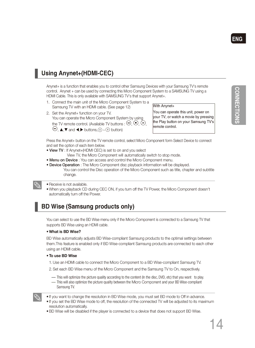 Samsung MM-DG35T/SAM, MM-DG35T/XSA manual Using Anynet+HDMI-CEC, BD Wise Samsung products only 