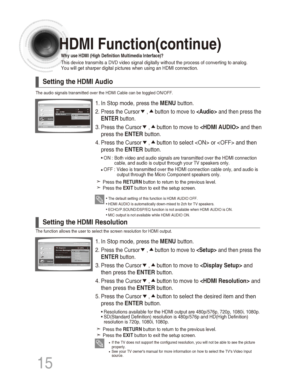 Samsung MM-DG35T/XSA, MM-DG35T/SAM manual Hdmi Functioncontinue, Setting the Hdmi Audio, Setting the Hdmi Resolution 