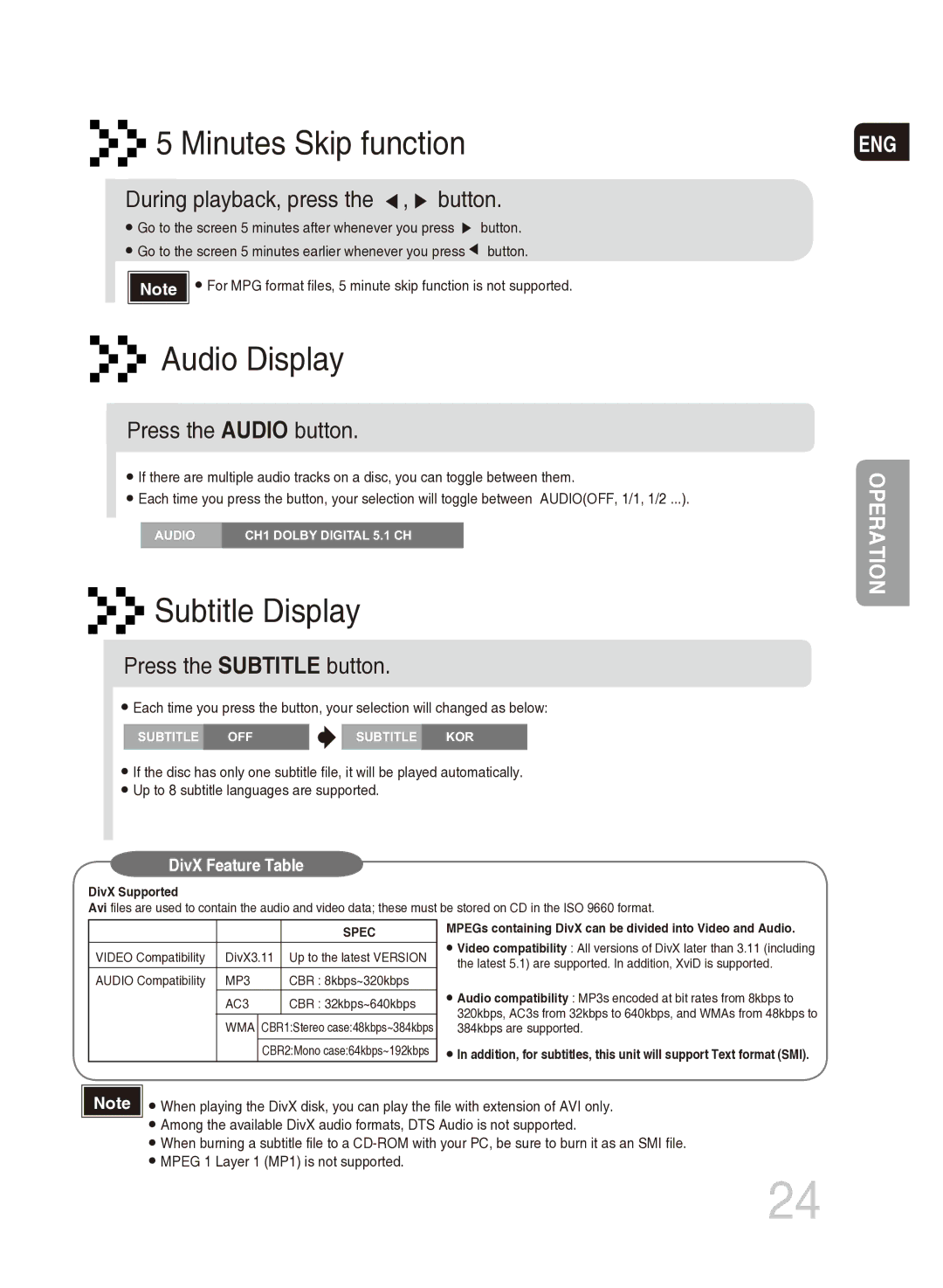 Samsung MM-DG35T/SAM, MM-DG35T/XSA During playback, press the , button, Press the Audio button, Press the Subtitle button 